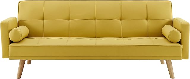 Home Detail Fabric Sofa Bed with Click Clack Sofabed Function 3 Seater Double Folding Guest Bed Settee with Bolster Cushions in Grey, Charcoal or Mustard Upholstered Fabric (Mustard)