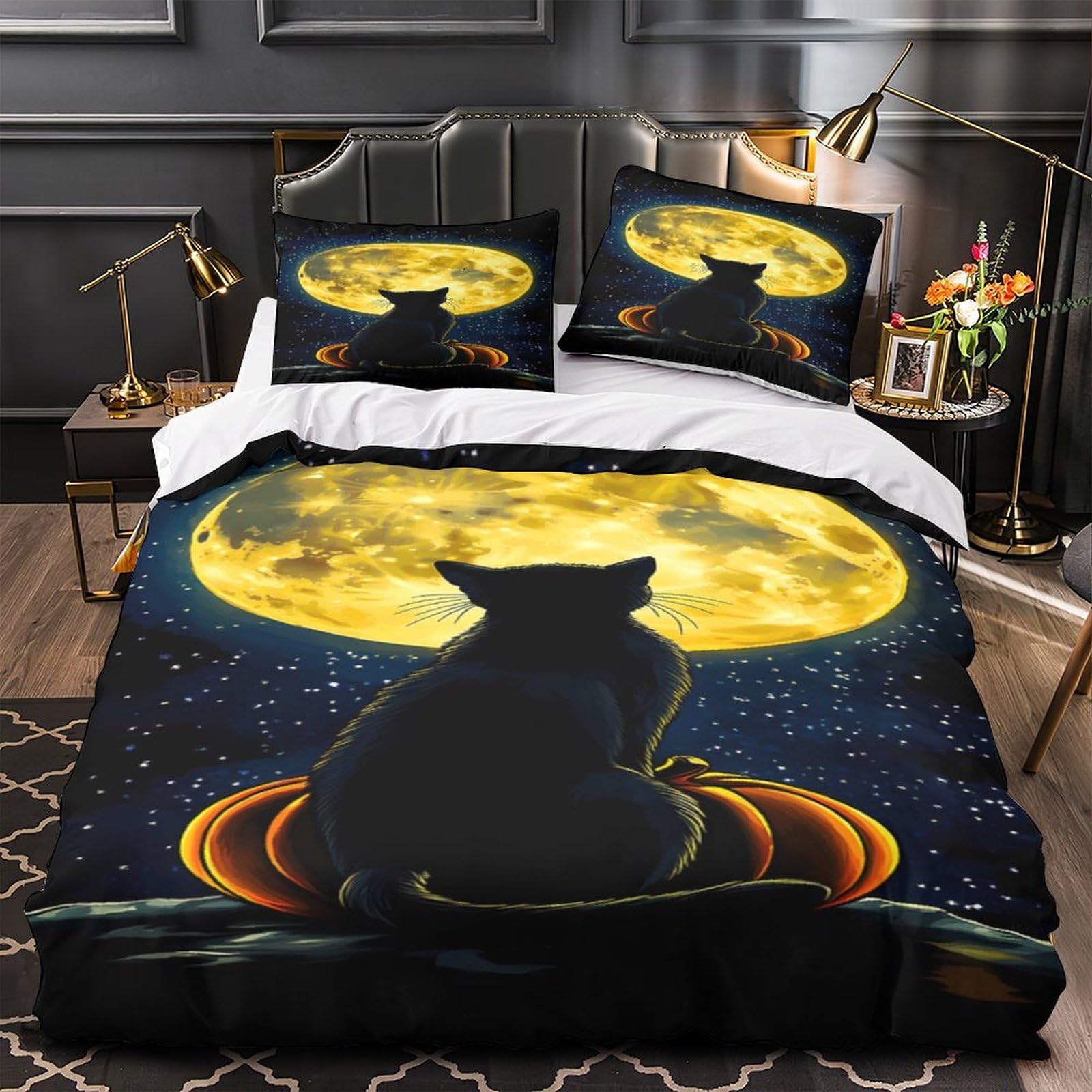 Parure de Lit Chat d'Halloween 140x200 Housse Couette Enfant Microfibre