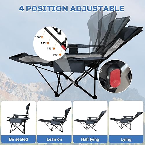 Miniatura 4 de Paquete de 2 sillas reclinables de camping de 4 posiciones con reposapiés, cómoda para adultos, silla de playa plegable de malla de 265 libras, con