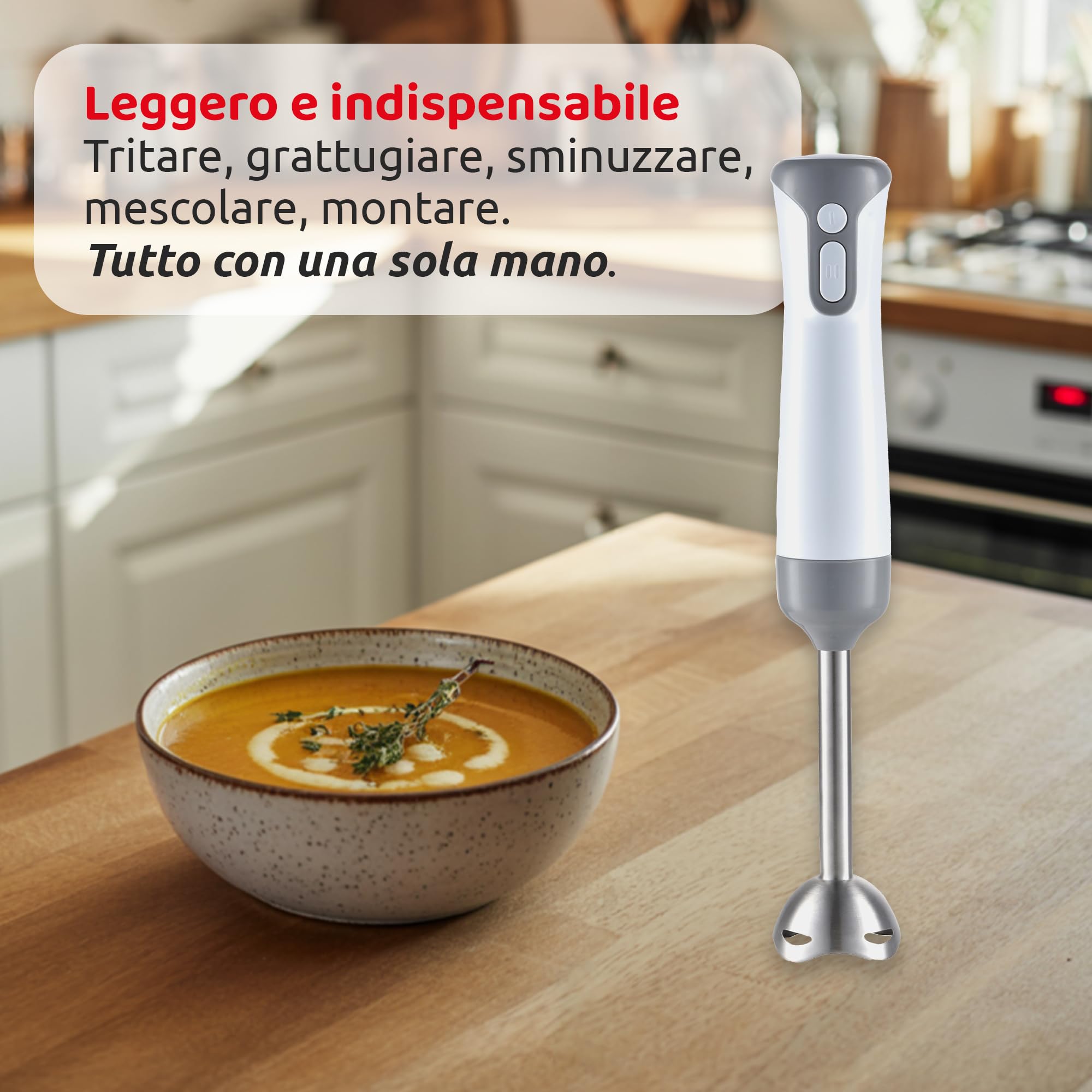 Melchioni Family | Frullatore a Immersione MIXXXO TRIO, Piede in Acciaio Removibile, Minipimer Immersione a 2 Velocità, Lame in Acciaio, Tritatutto da 500ml, Fruste e Bicchiere Graduato, 400W