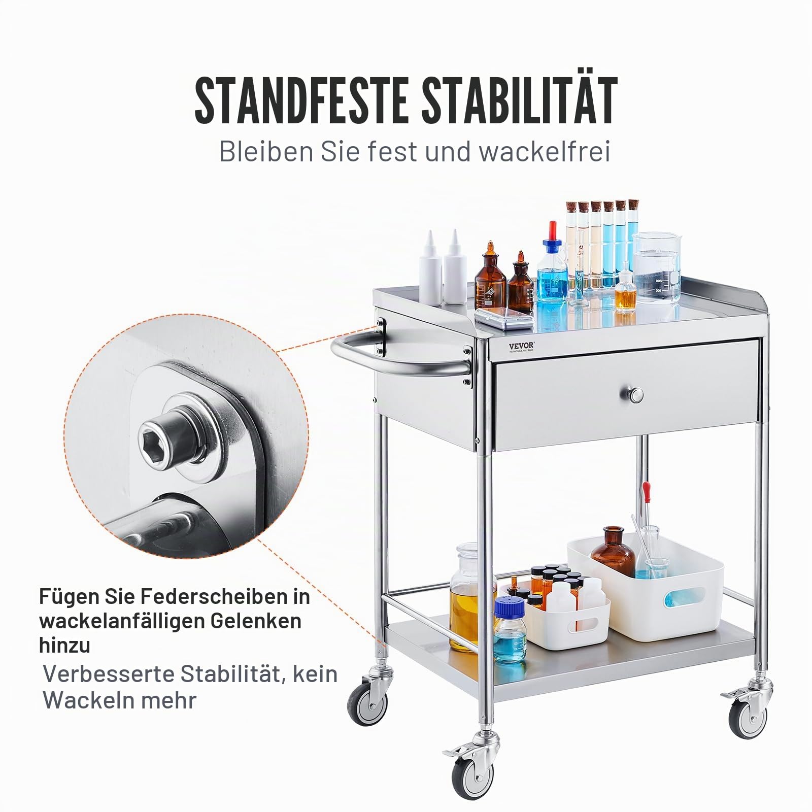 VEVOR Zweistöckiger Laborwagen Gerätewagen Medizintechnik Servierwagen 201 Edelstahl Tragbar Abräumwagen mit Schubladen 100 kg Tragfähigkeit, 710 x 421 x 785 mm (mit Griff) Labor Rollwagen