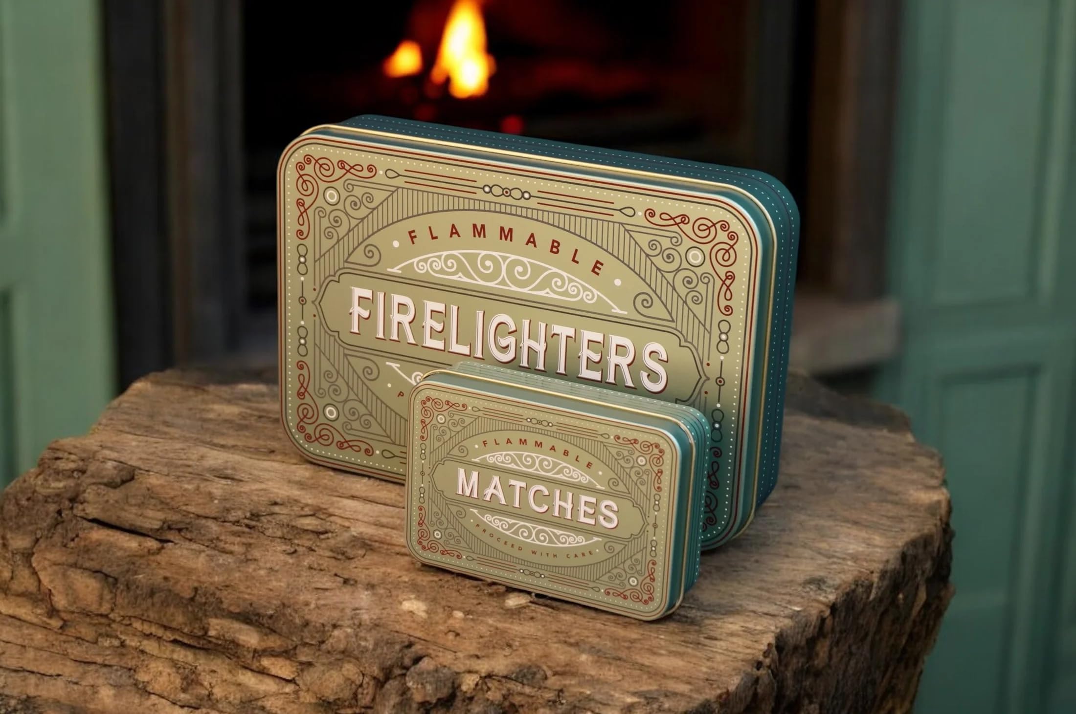 TINIT Firestarter & Match Tin Set - Fireplace Storage Fireside Fire Stove BBQ Campfire Firewood Gift Men Man Home (Sage)