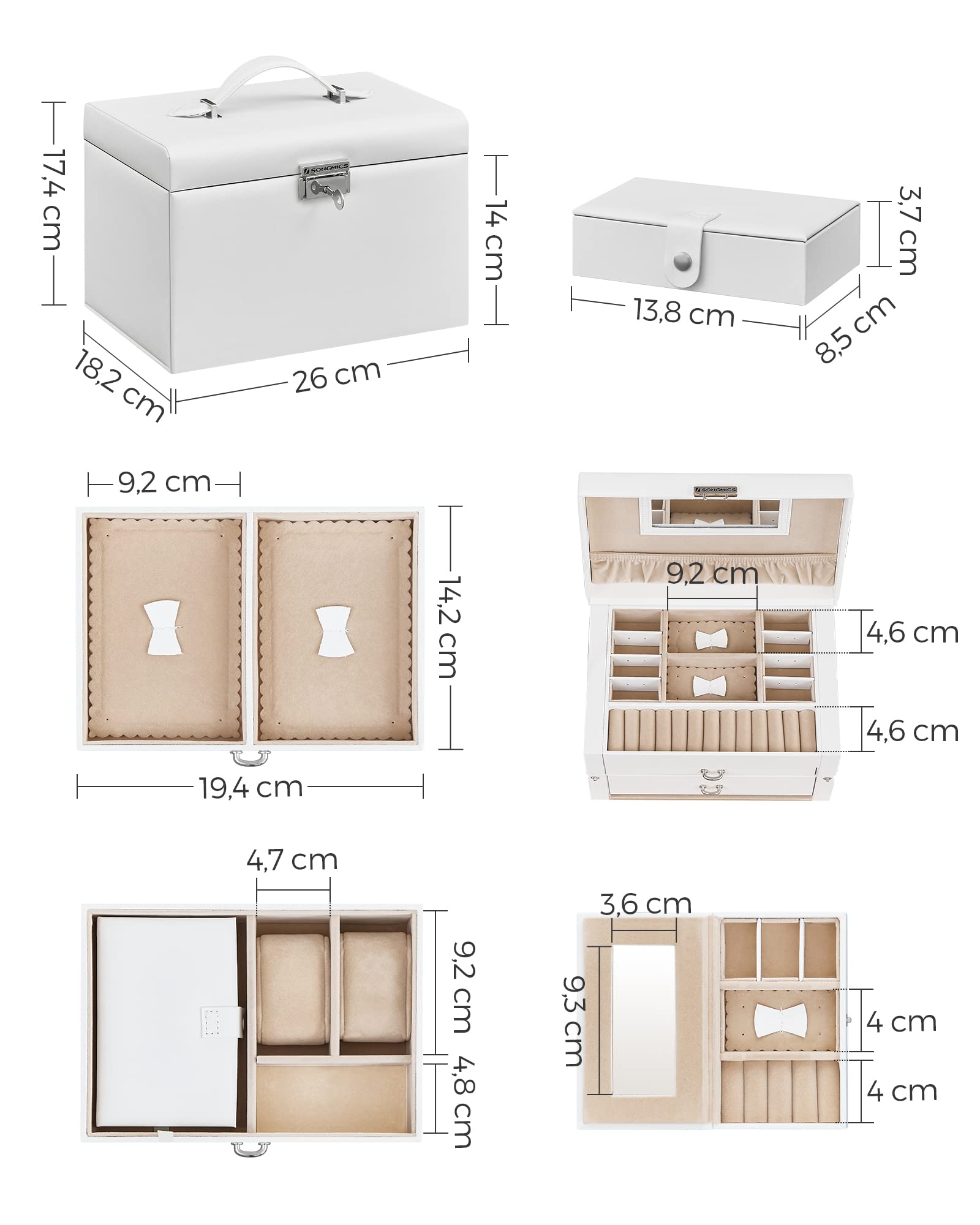 SONGMICS Boîte à Bijoux 3 Niveaux, Écrin 2 Tiroirs, Coffre de Rangement, avec Mini-boîte Portable, Poignées, Verrouillable, Revêtement en Blanc Classique et Doublure en Jaune Sable JBC121W