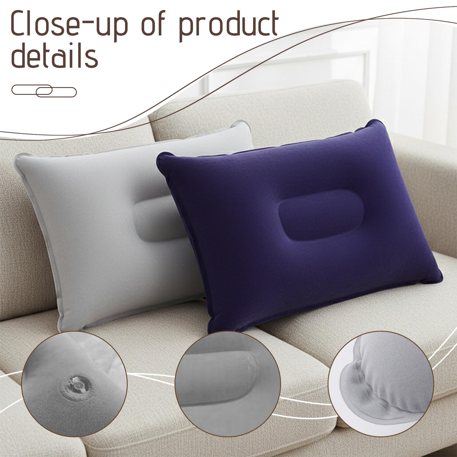 Almohada Hinchable 2 Piezas Camping Cojin Playa Inflable Cuello Viaje 34×22cm Gris Azul Marino