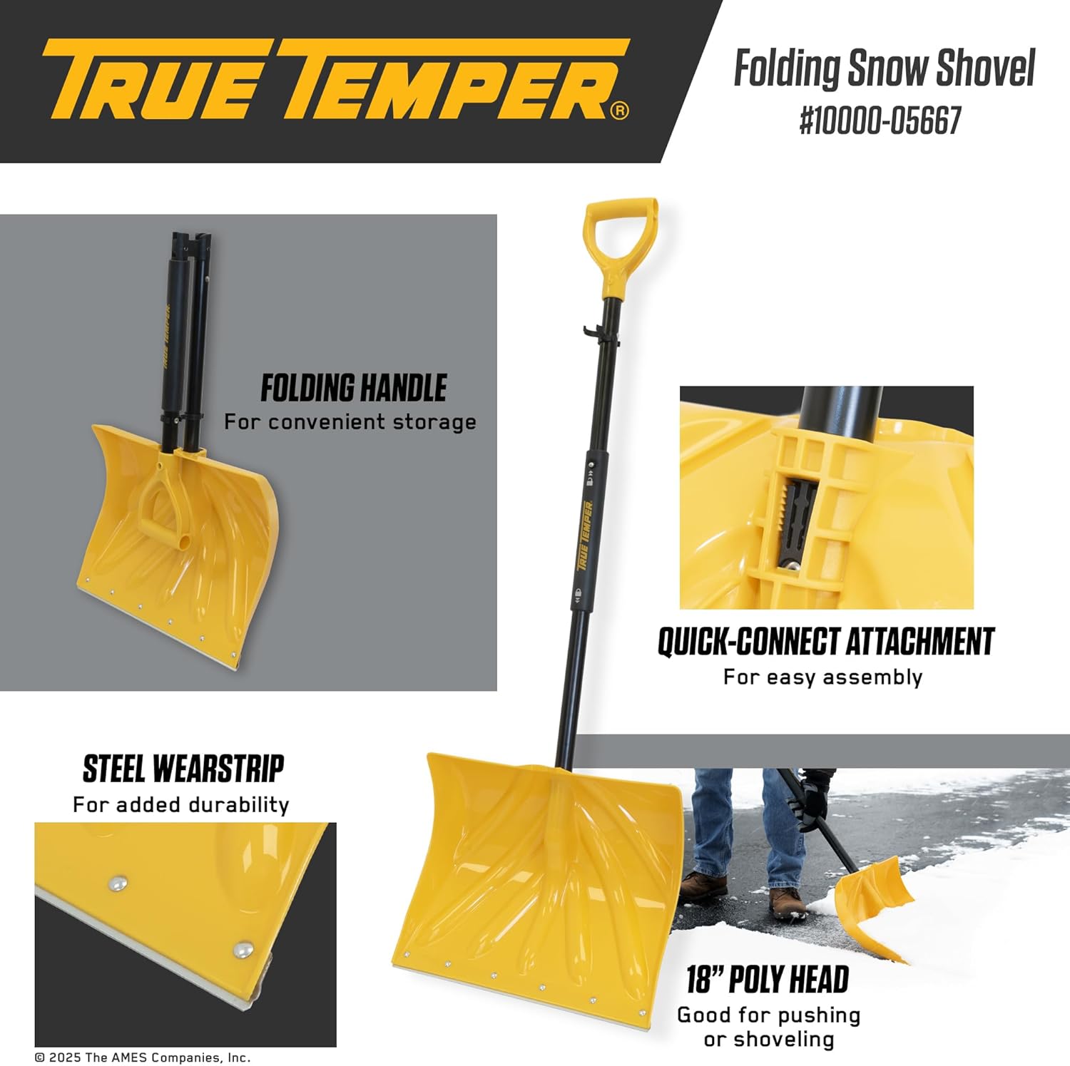 True Temper 18" Poly Folding Snow Shovel, Convenient Storage, Collapsible, Compact for Cars or Camping