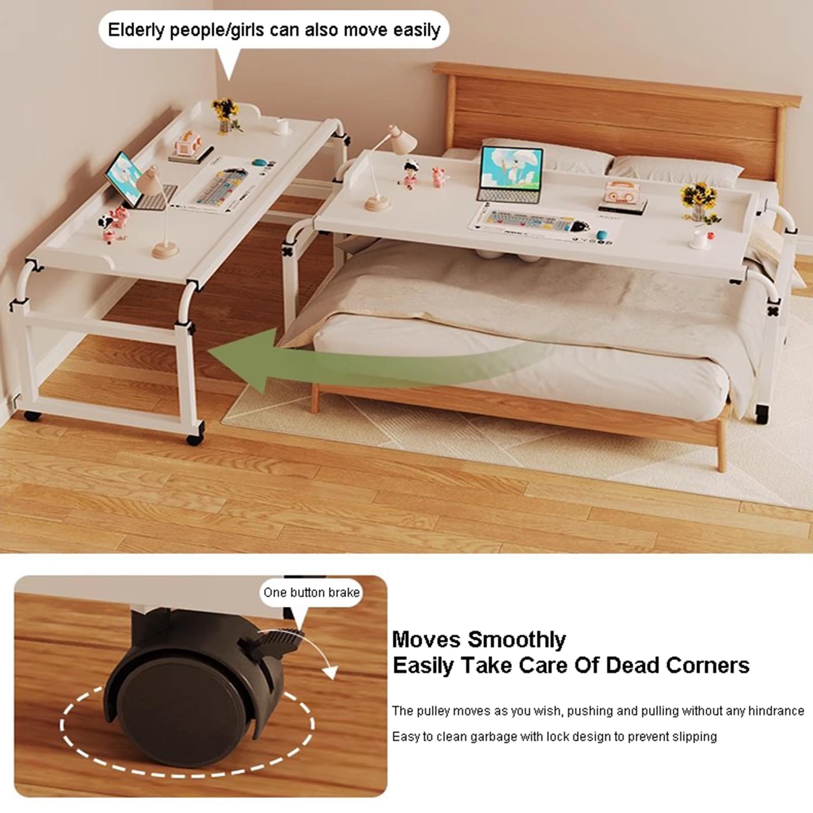 Mesa de cama ajustable con ruedas para laptop, mesa de noche ajustable en altura y longitud con ruedas, almacenamiento práctico, perfecto para el trabajo y el ocio (acabado de madera)