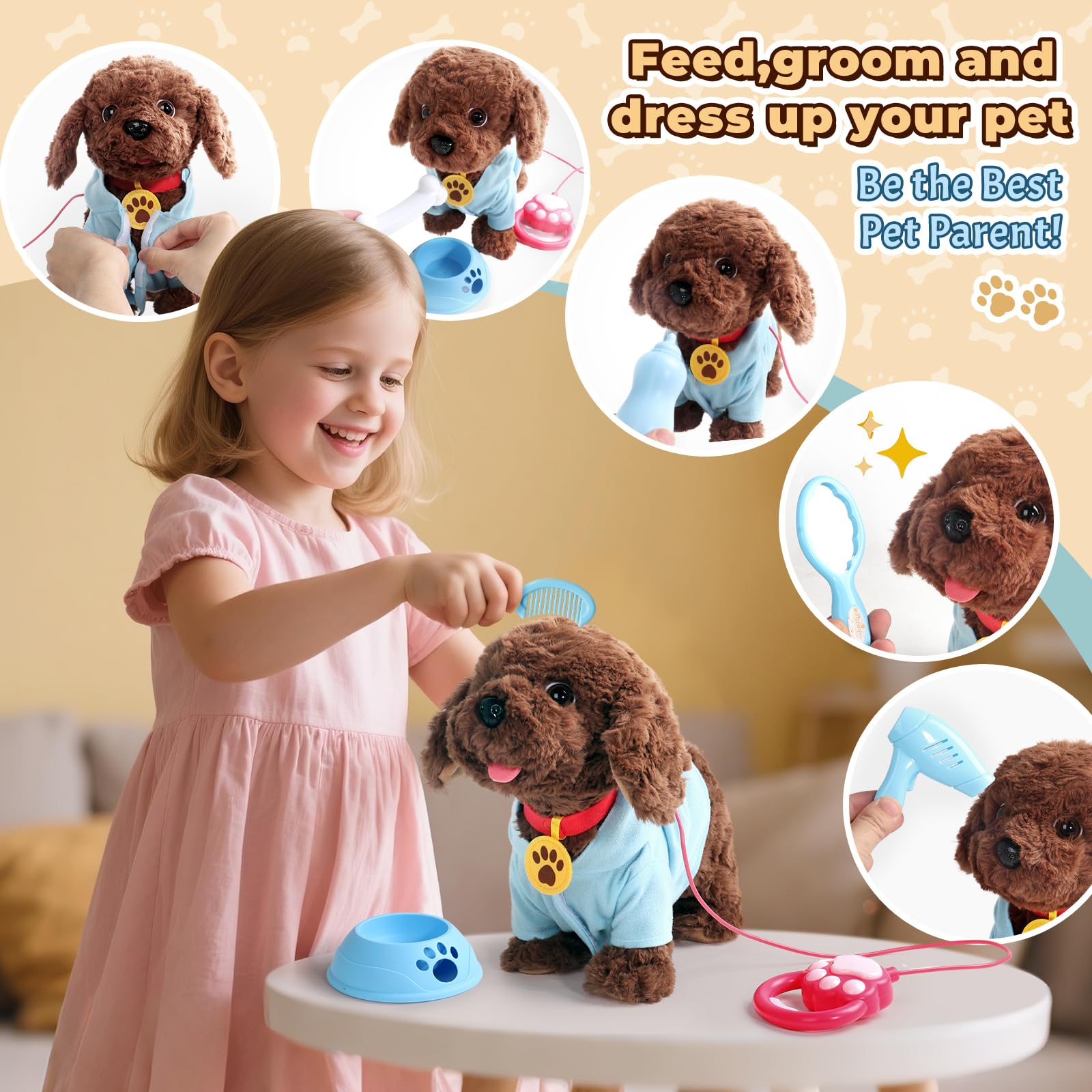 TONZE Cagnolino Che Abbaia e Cammina Peluche Cane Giocattolo che Cammina e Abbaia Giocattoli Bambina 2 Anni Realistico Animali Giocattolo per Bambini Giochi Interattivi per Bambini 2 3 4 Anni