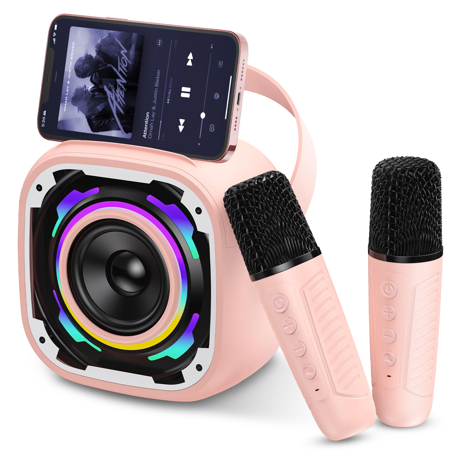 PKBD Mini Karaoke Machines 2 Microphones For Kids, Portable Wireless Bluetooth Speaker with Phone Holder/Dynamic Light/Voice Changer Effects, Karaoke Machine Gift for Girls Boys, Pink