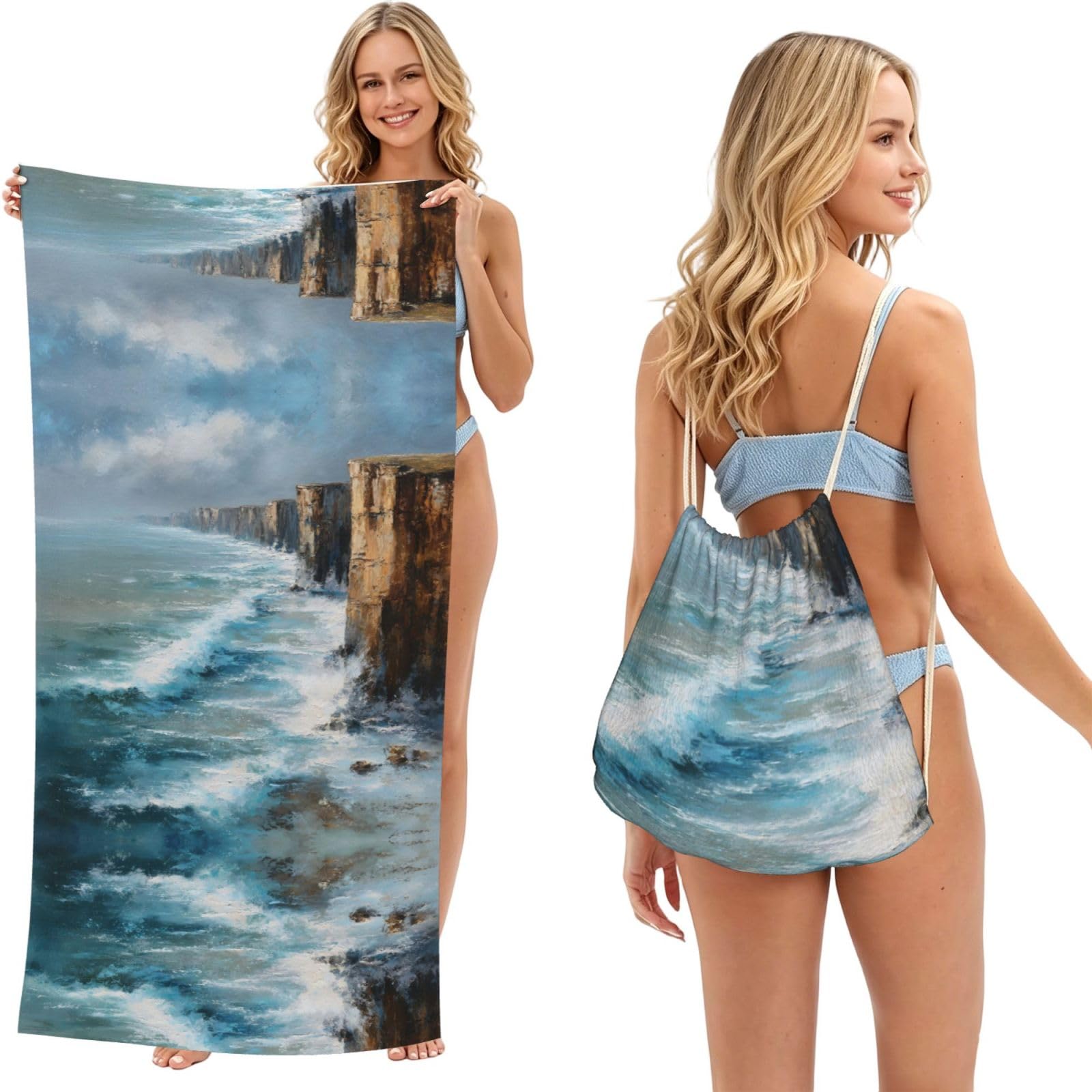 ESNAIUVCD Cliff Coast Print Beach Towel For Adults,Towel With Drawstring Bag, Travel Pool Swimming Sports Shower Sand Free Quick Dry Bath Towel For Pool, Beach, Yoga- 180x60cm