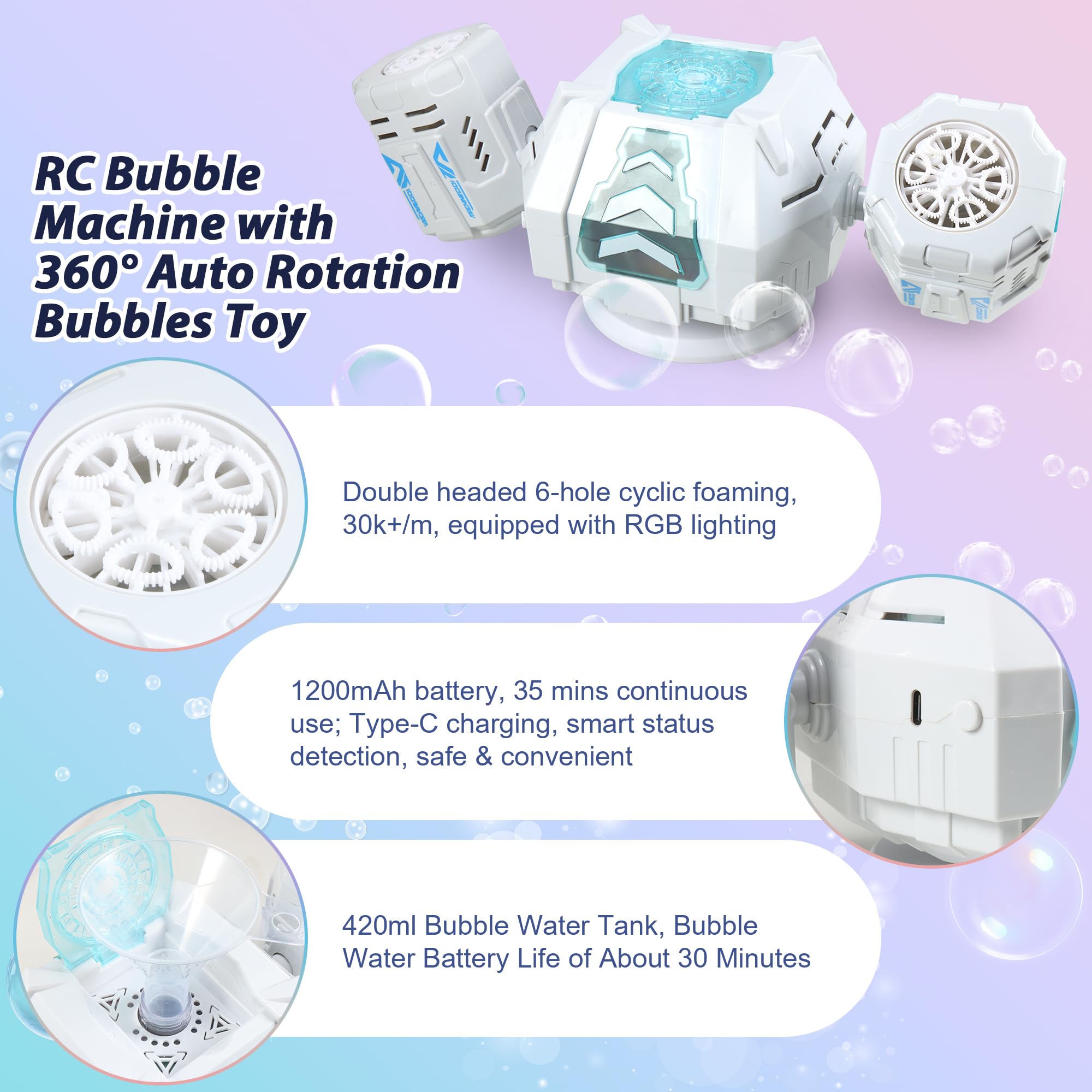 2026 RC Seifenblasenmaschine mit RGB-Lichtern, 360° Auto Rotation Bubbles Spielzeug, Wiederaufladbarer Akku, Bubble Blower Maker für Kinder, Partys, Geburtstagsgeschenk, Hochzeiten