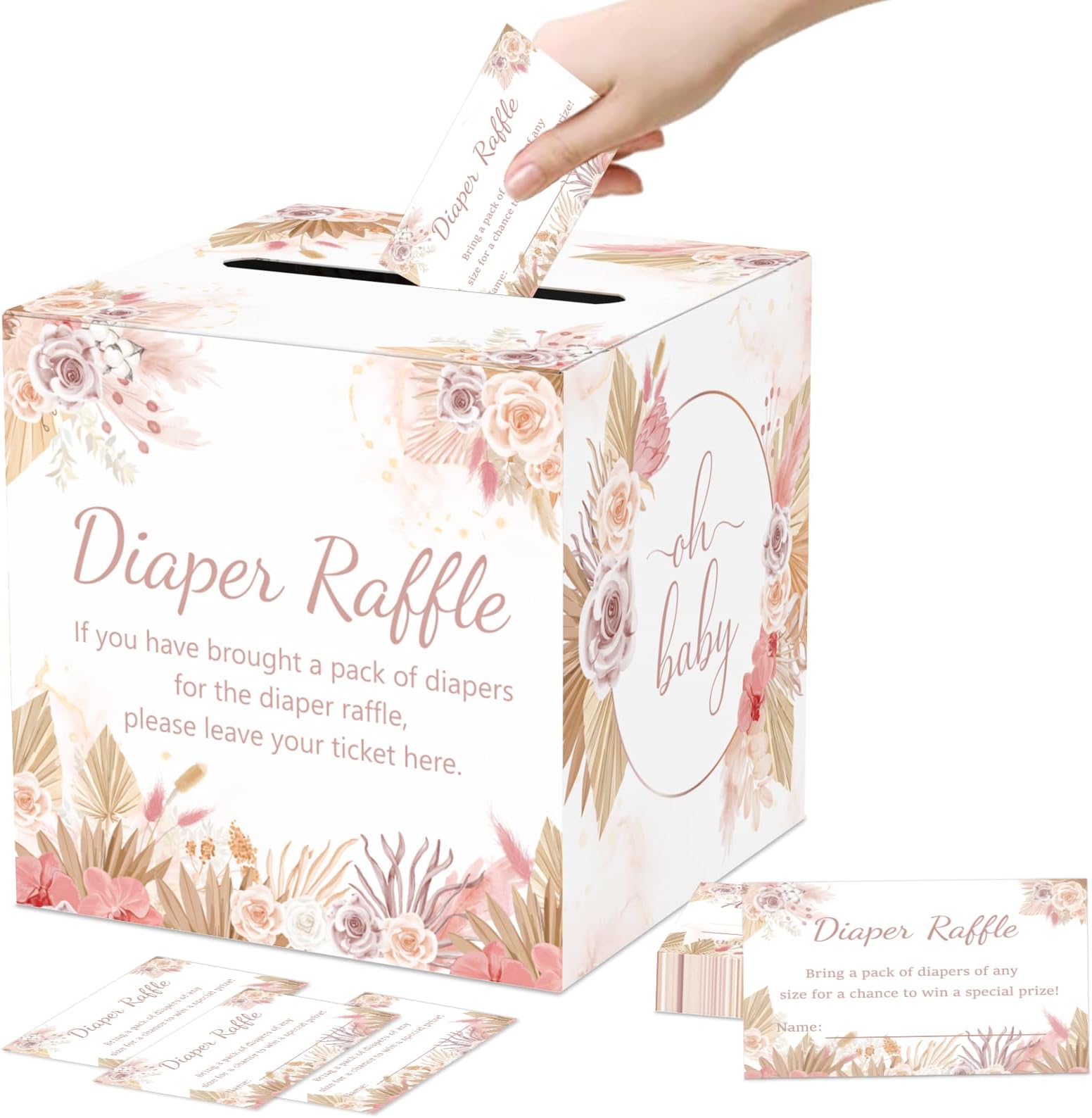50 Diaper Raffle Tickets with Box for Baby Shower Game, Pink Boho Diaper Raffle Card Box for Gender Reveal Baby Shower Raffle Oh Baby Party Decoration Card Boxes
