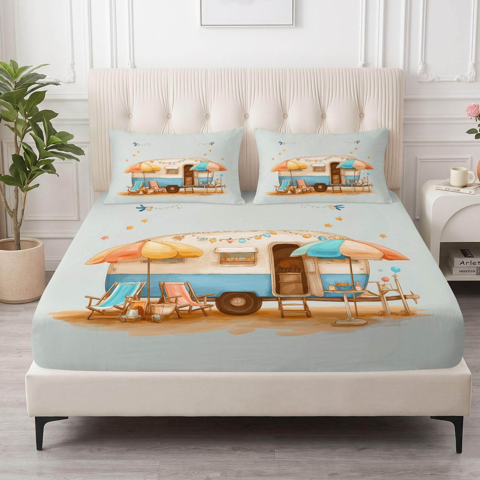 Sábana bajera ajustable de microfibra con somier, juego de sábanas de 140 x 200 cm para camping, autocaravana, silla de playa, sombrilla, impresión 3D, sábana bajera ajustable con 2 fundas de almohada