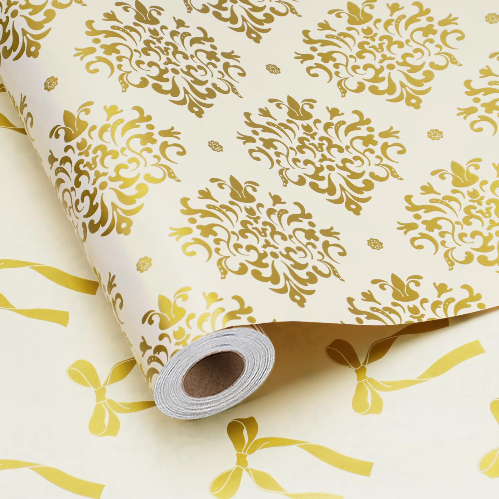 BIOBROWN Gold Damask & Bow Wedding Wrapping Paper Roll, 43cm x 10m