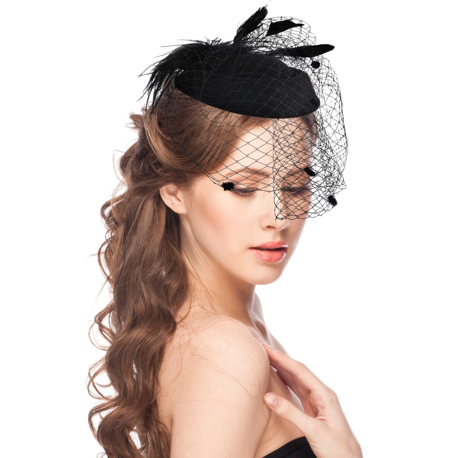 Yolev Black Fascinators Hats for Women: Veil Feather  display picture 1