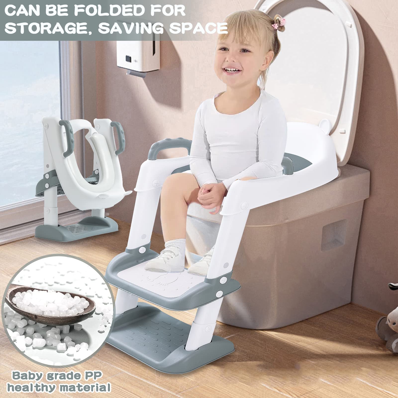 Réducteur Toilette Enfant avec Escalier,WC, Siège avec PU Coussin Moelleux,Robuste, Pliable et Réglable,Adapté aux Toilettes en Forme de V, U, O