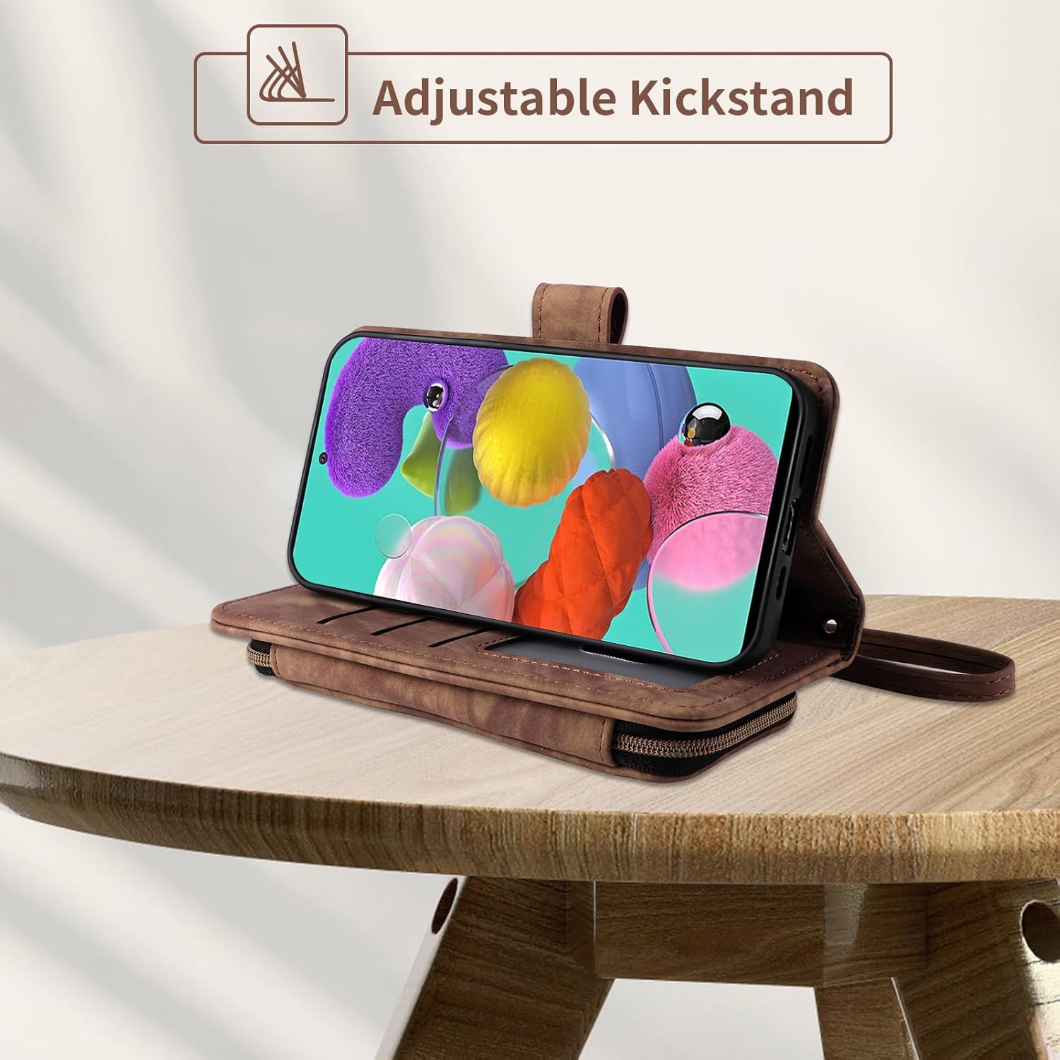 Phone Case for Samsung Galaxy A51 4G Wallet Cell Cover with Tempered Glass Screen Protector Crossbody Lanyard Strap Flip Stand Zipper Purse Card Holder Slot A 51 M40S 51A A515F S51 Women Men Brown