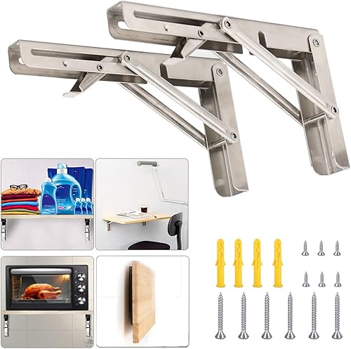 Miniatura 1 de Folding Shelf Brackets 16 Inch with Install Screws, 2 Pieces Heavy Duty Stainless Steel 304 Collapsible Shelf Bracket Wall Mounted Triangle Brackets