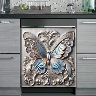 2D Flat Pearl Butterfly Carving Dishwasher Cover 23x26 Inch Panel Decal Fridge Washer Refrigerator Door Cover Kitchen Appliance Decorative Elegant Insect Nature Art Home Decor