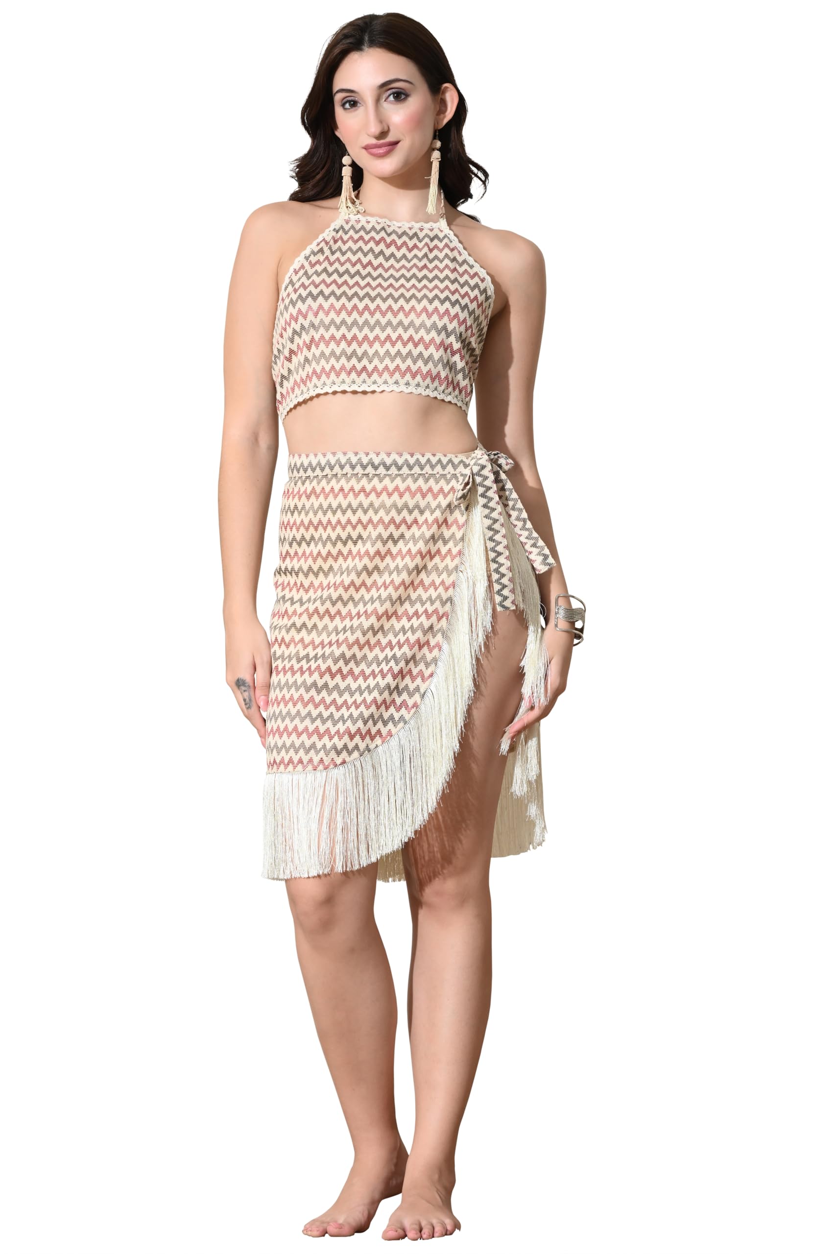 magari Women's Crochet Chevron Printed Beachwear Co-Ord Top and Wrap Skirt Set Coverup, Resort Vacation Wear-picture-53