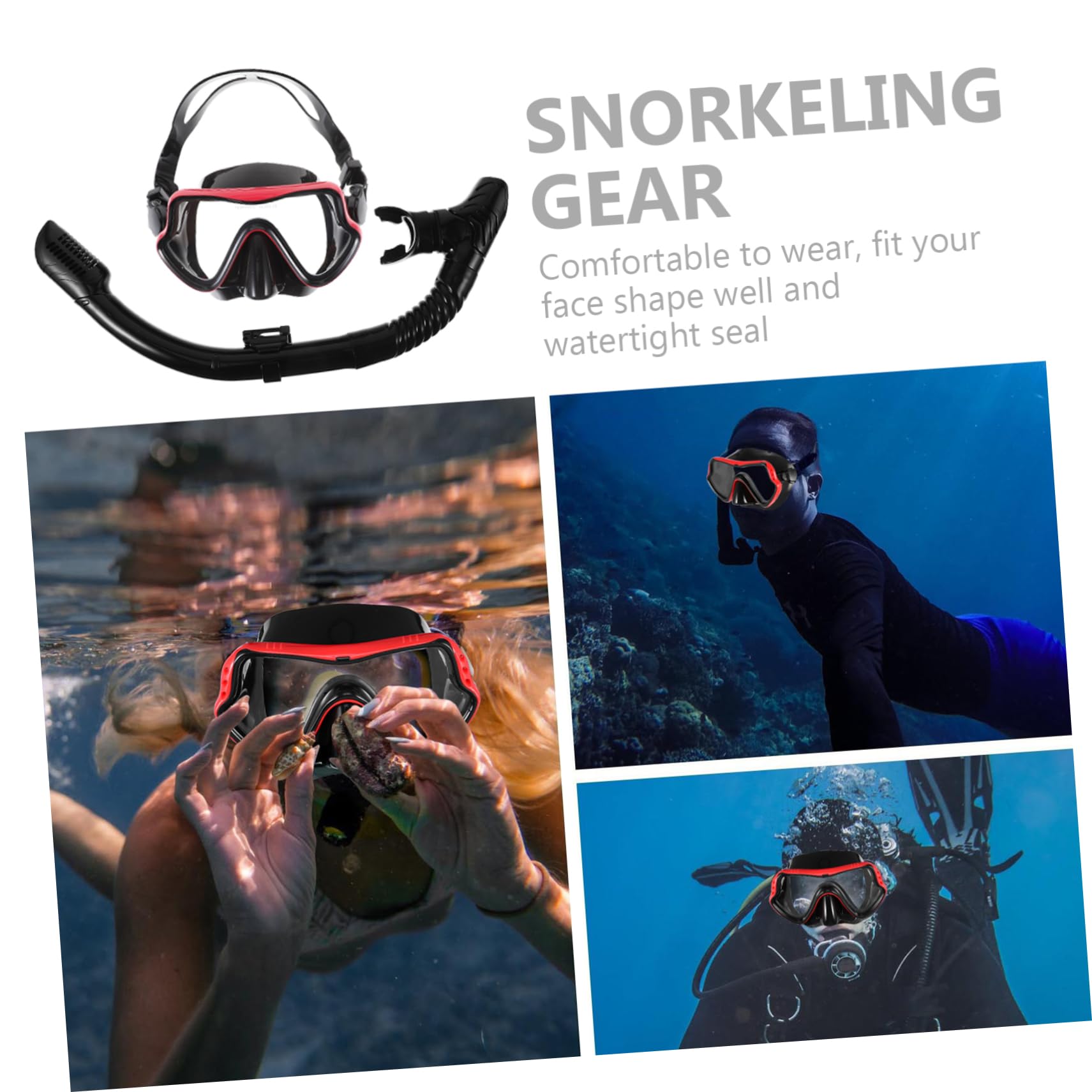GOOHOCHY 1 Set Adult Snorkeling Mask Snorkel Set Compact Lightweight Snorkeling Gear Red Frame Black Size