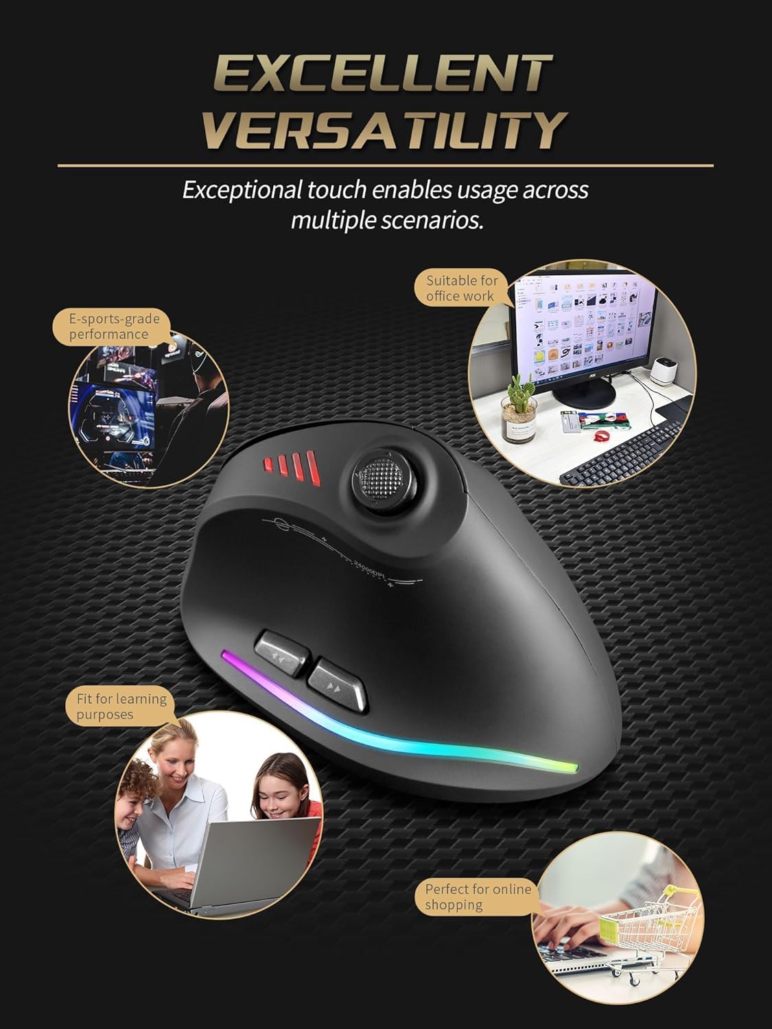 Souris Ergonomique Sans Fil Verticale Gaming, Souris Gamer Bluetooth 2.4G/USB 24000 DPI 6 Niveaux 12 Touches Programmables & Joystick 5 Directions, RGB, Rechargeable 800mAh, Compatible PC/Mac avec DPI