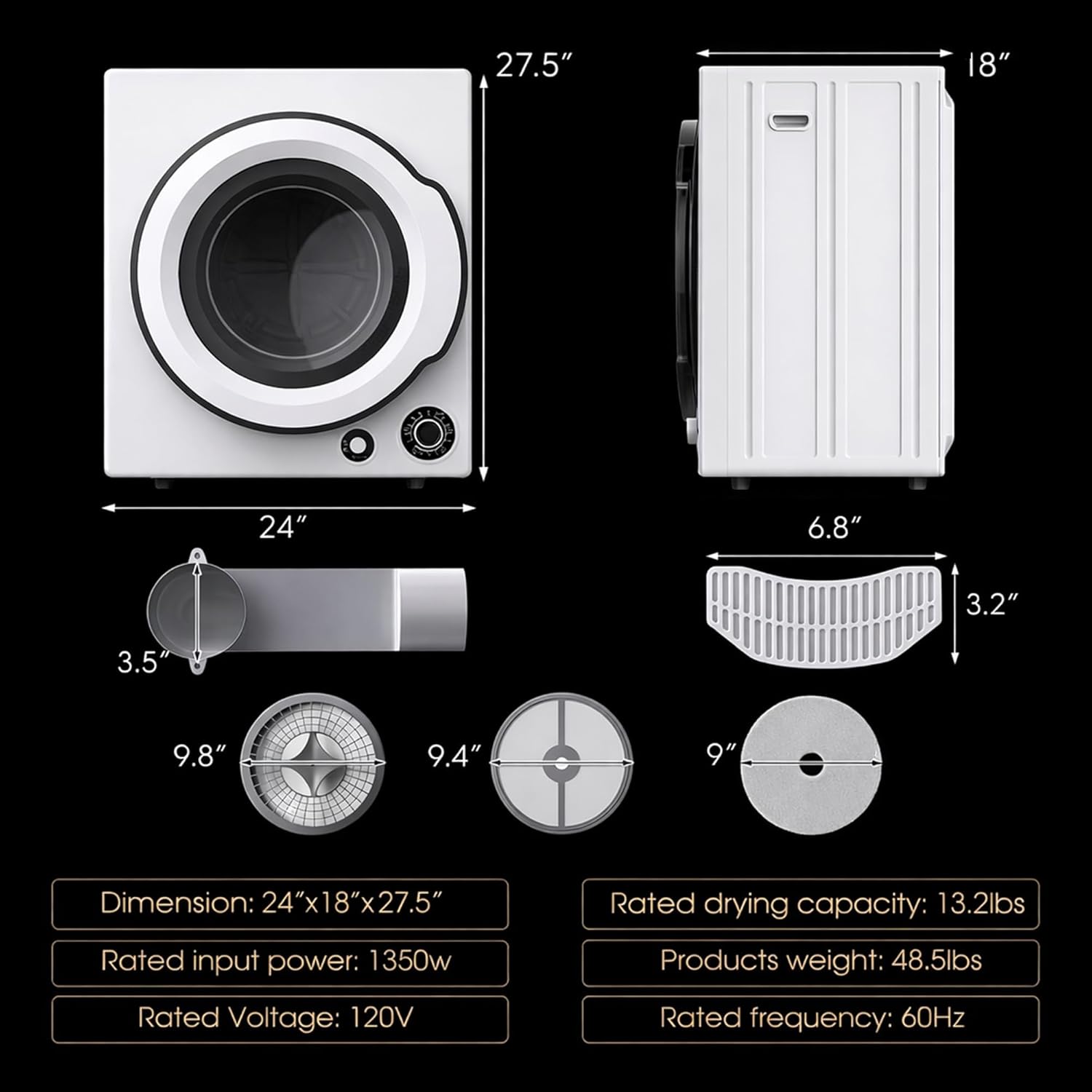 13.2 lbs Compact Portable Clothes Dryer, 1350W High-Powered Tumble Dryer | Stainless Steel Drum & 5 Modes for Apartments, RVs & Small Spaces, White