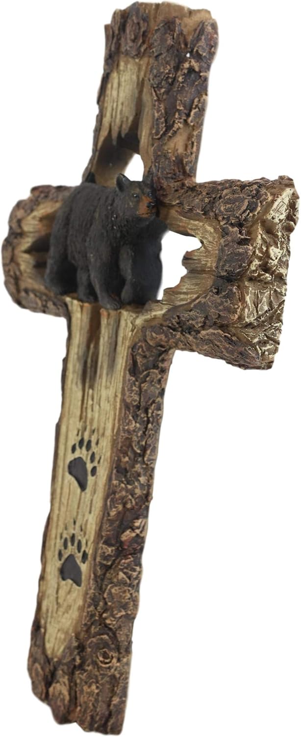 Ebros Gift 14" Tall Rustic Western Black Bear With Paw Prints Wall Cross Decor Hanging Plaque Distressed Wood Look Sculpture Catholic Christian Country Bears Cubs Cabin Lodge Accent Decorative Crosses