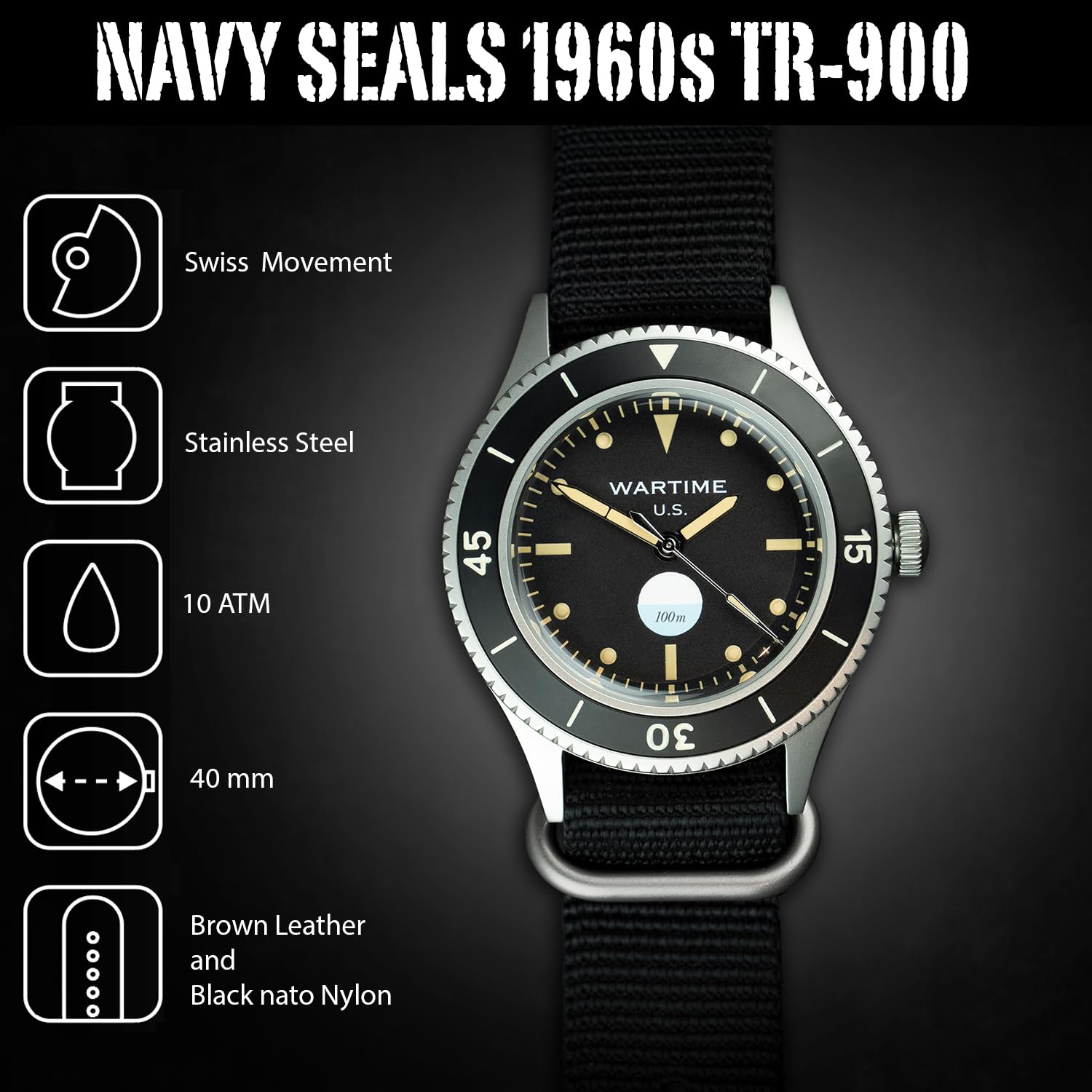 WTI WORLD TIME INTERNATIONAL Wartime | TR-900 Military Aviator Watch - Tribute to The 1960 UDT Navy Seal Teams Watch, Vintage Tactical Design with Modern Precision and Durability