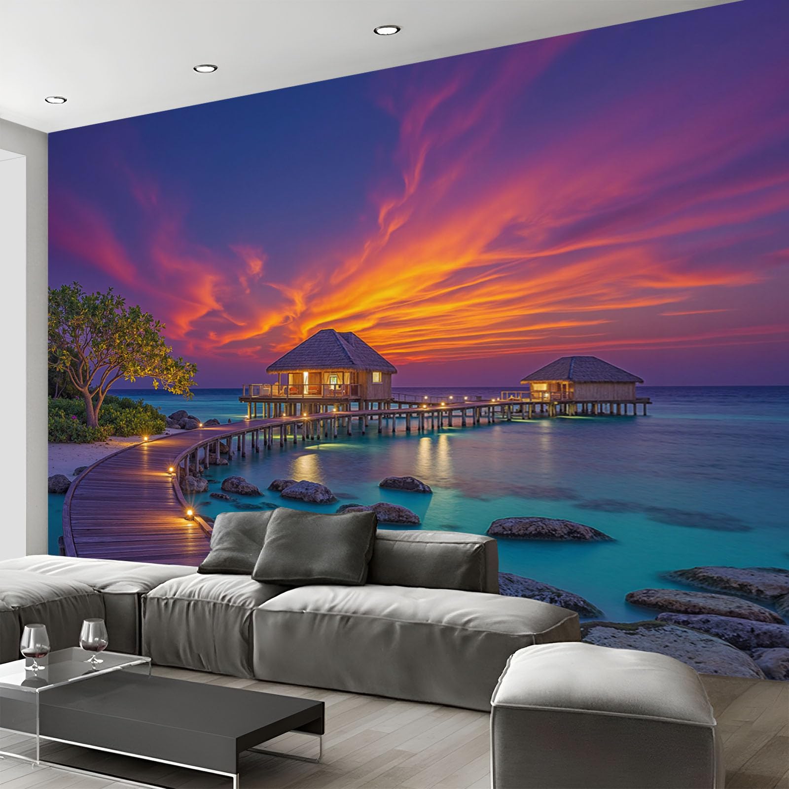 Papier peint panoramique 3D pour agrandir un petit salon avec mur violet