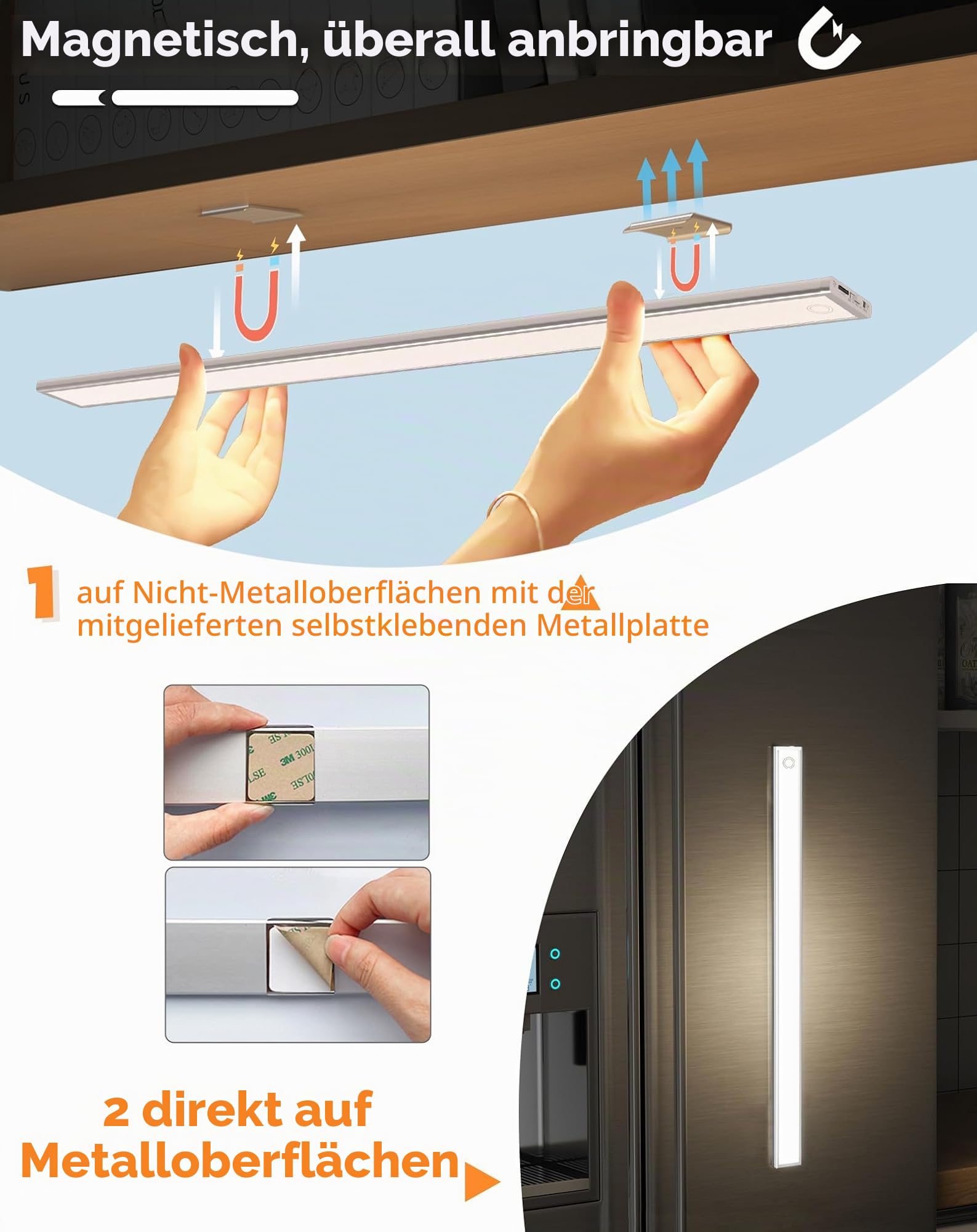 LED dimmbar Unterbauleuchte 58CM Küche Lampe 4500mAh wiederaufladbar Akku Schrankbeleuchtung mit Touchsensor Timer 3Farben led leiste magnetische Lichtleiste für Küchenschrank Kleiderschrank