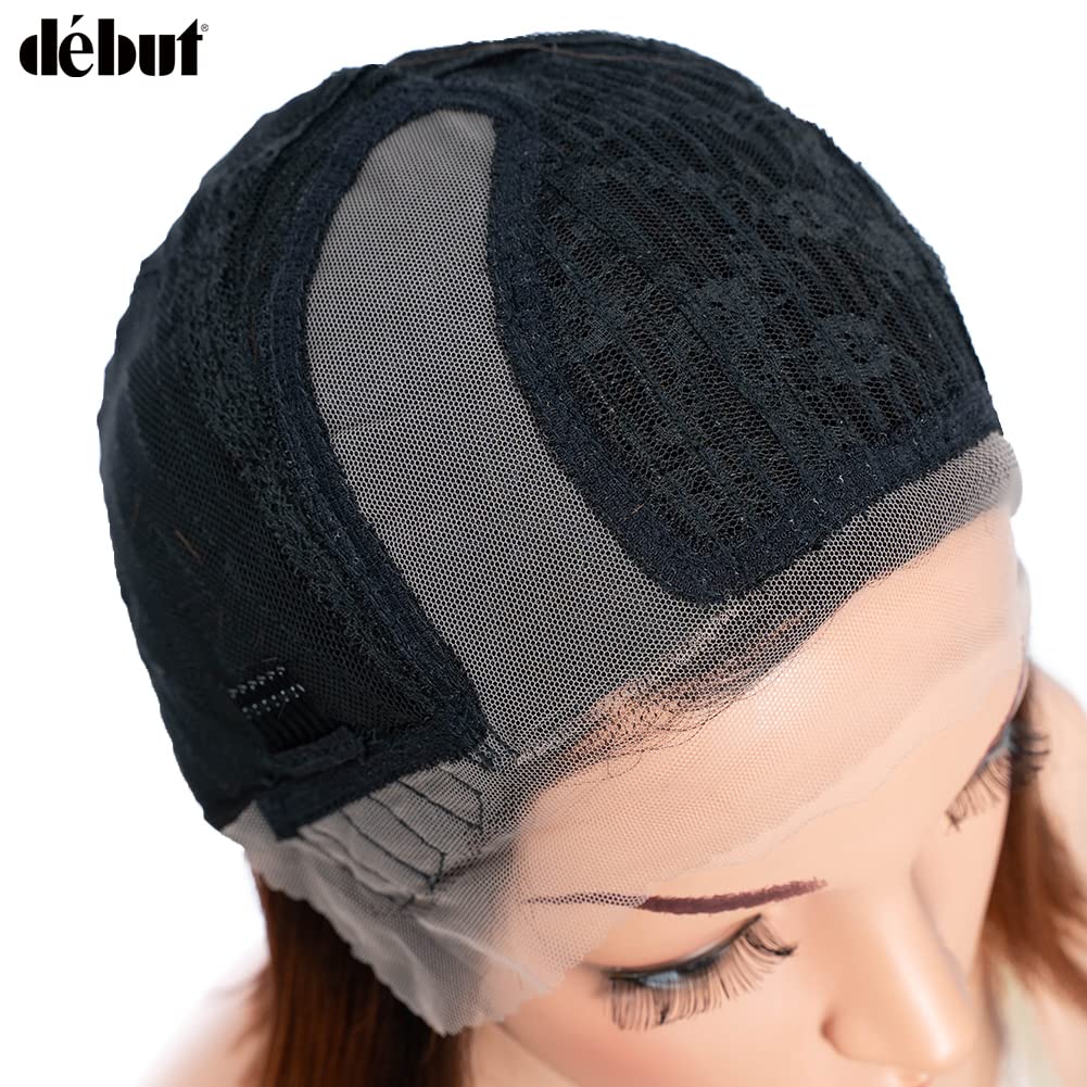 DÉBUT Asymmetrical Bob Wigs Ear to Ear Lace Front with Baby Hair Short Bob Simulated Scalp Lace Wig for Women Heat Resistant Fiber Synthetic Hair Side Parting Wig Highlight Ombre Brown Color