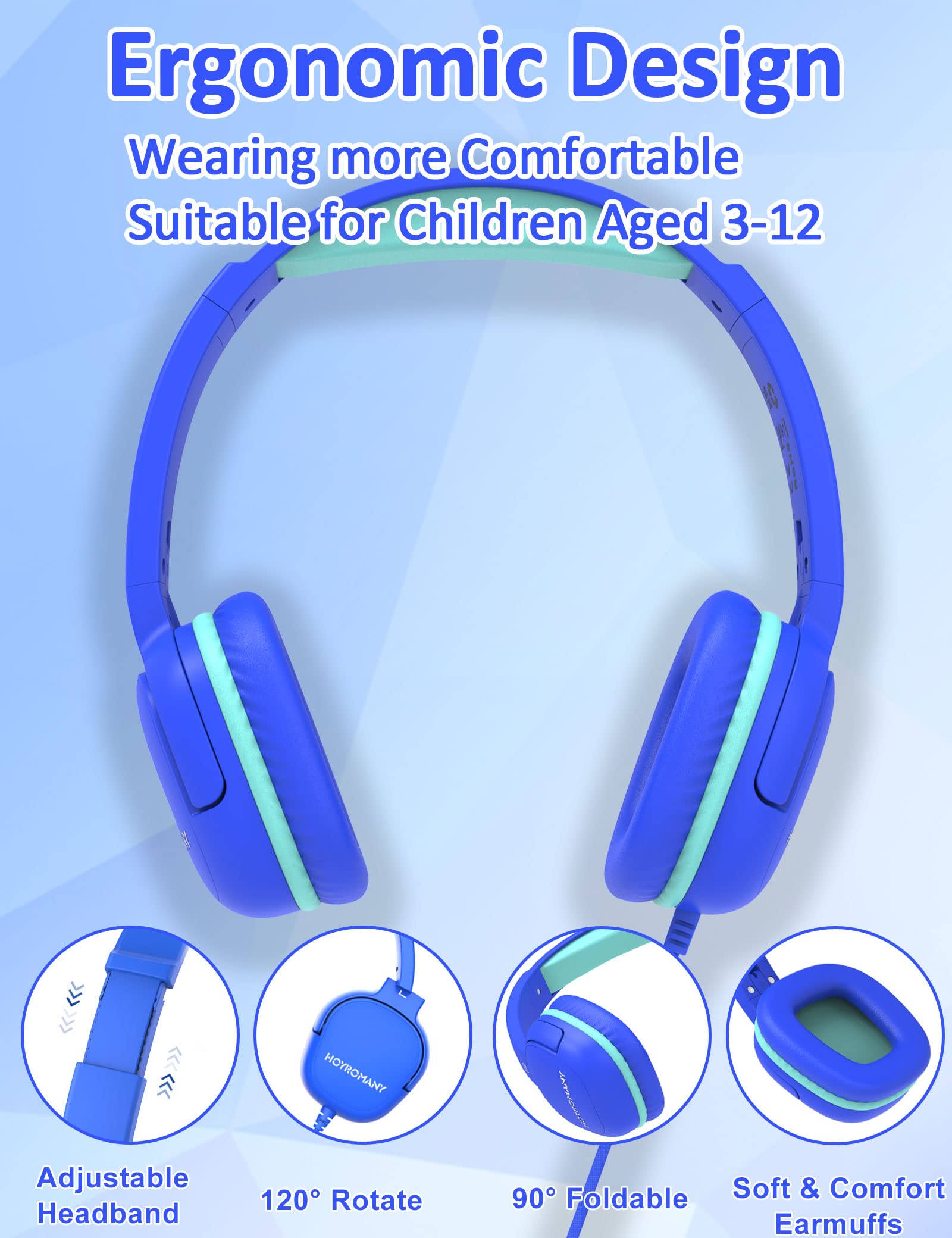 K3 Auriculares Niños con Cable, Auriculares Infantiles Limitación de Volumen de 85dB/94dB, Conector de 3,5 MM, Sonido Estéreo, Plegable Musica Cascos Niña (Azul)