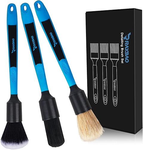 Juego de 3 cepillos para detalles de automóvil, 3 piezas, cepillos para detallar el pelo de jabalíes, ultra suave, sin arañazos para interior