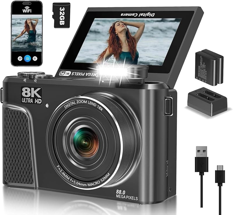 8K Digital Camera for Photography, Vlogging Camera for YouTube with WiFi | 88MP HD Camera 3" 180° Flip Screen, Fill Light, Filters, Beauty & 32GB SD Card & 2 Batteries (Gunmetal)