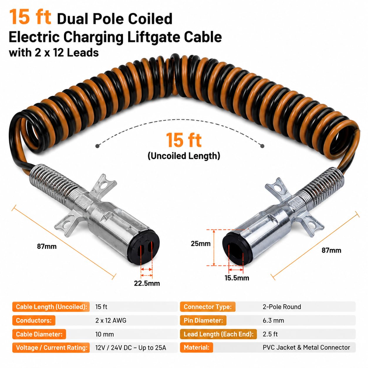 Cavo di ricarica elettrica a spirale bipolare da 4,5 m con 2 cavi da 12 x