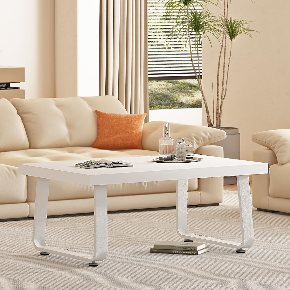 HSH Couchtisch Weiß, Wohnzimmertisch aus Holz Metallgestell, Sofatisch, Tisch, Beistelltisch, Kaffeetisch, Couchtisch Klein für Wohnzimmer, Teetisch aus Holz, Modern,Weiß 100B x 55T x 46.5H cm
