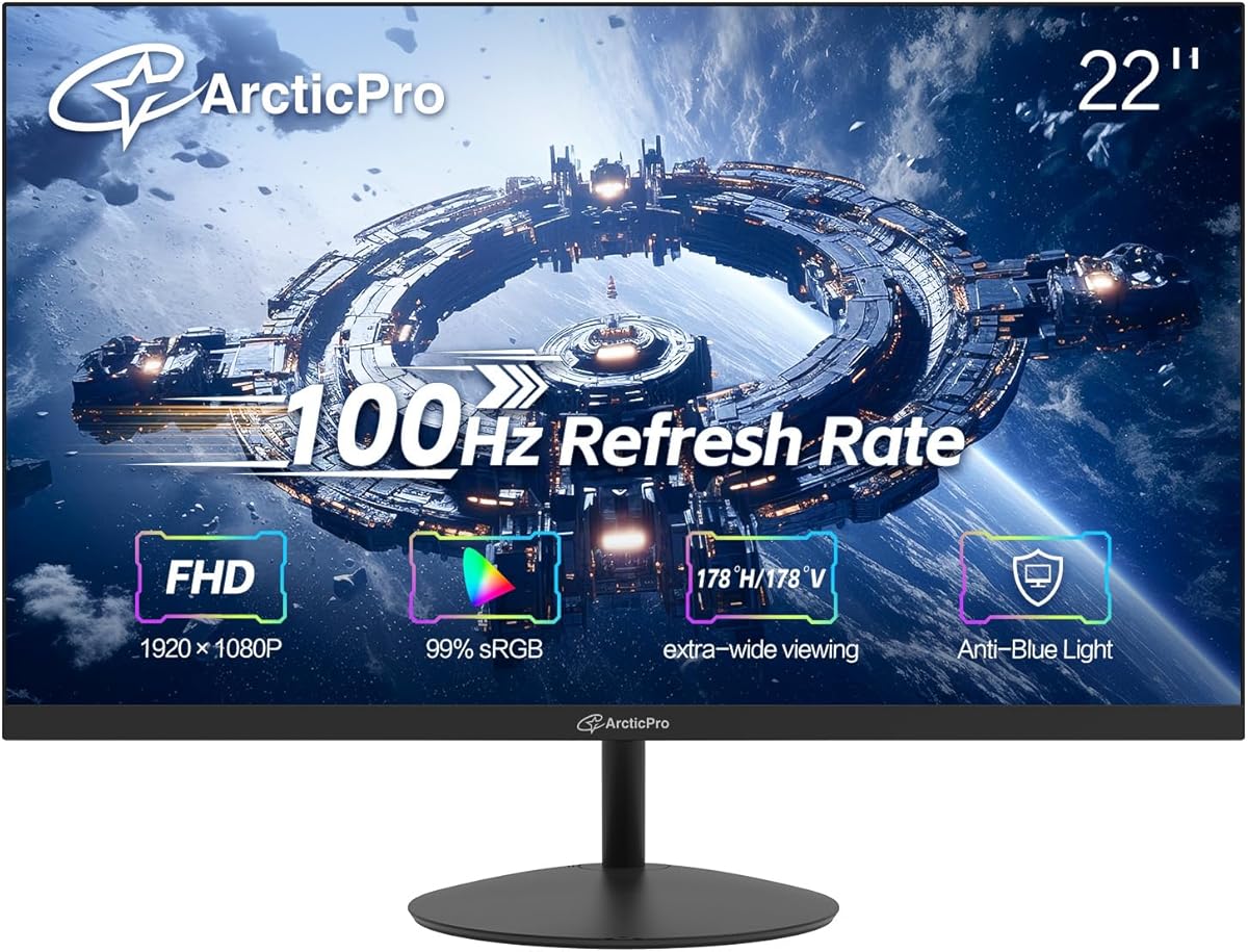 ArcticPro 22 inch 100Hz Monitor, Full HD (1920 x 1080p) Computer Monitor, 105% sRGB, 3000:1 Contrast, 3-Sided Frameless, Ultra Slim, VESA, LowBlue Mode, Tilt Adjust, HDMI *1, VGA*1