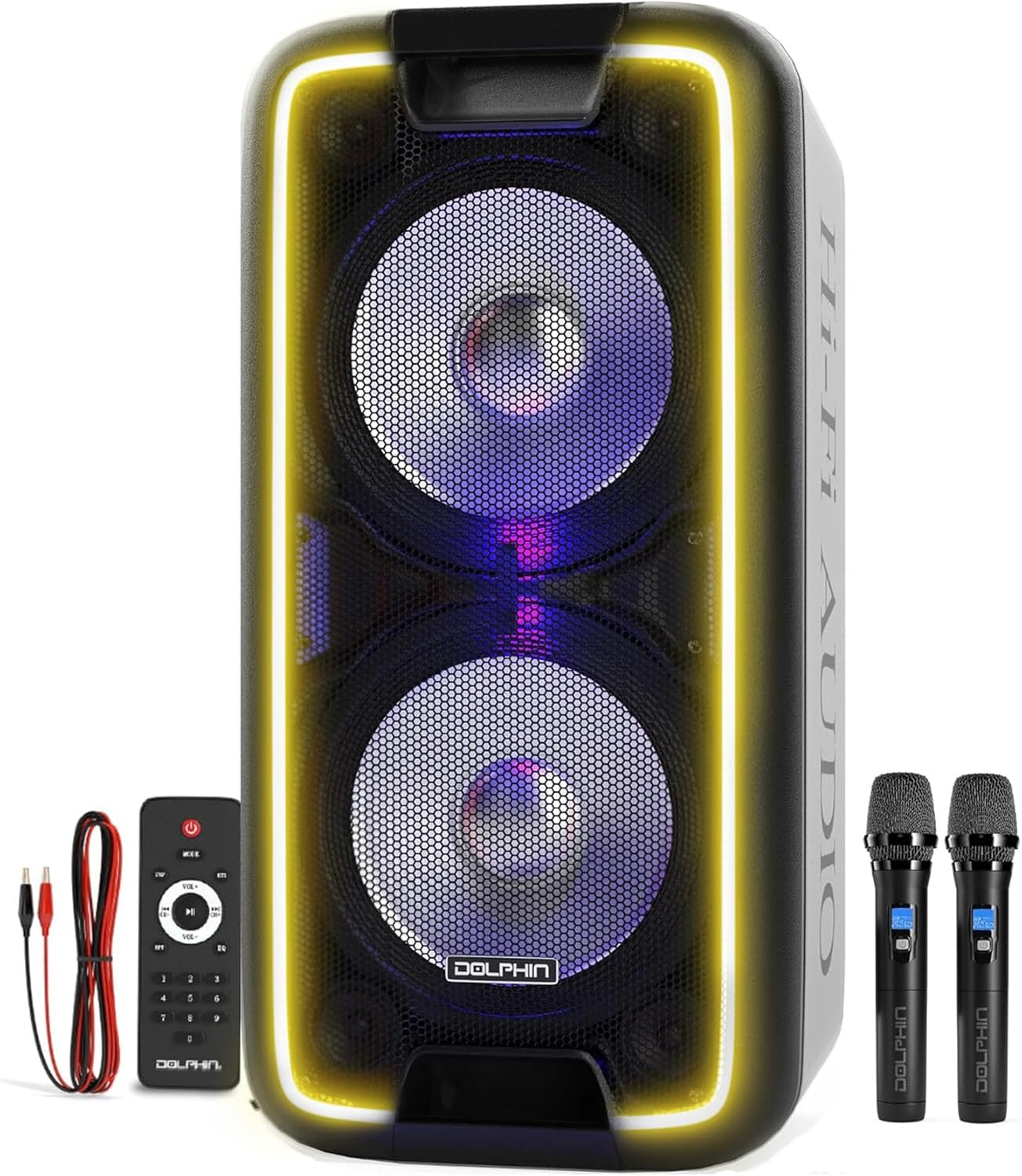 Dolphin 1000W Karaoke Speaker with 2 mics, Bluetooth, LED Lights