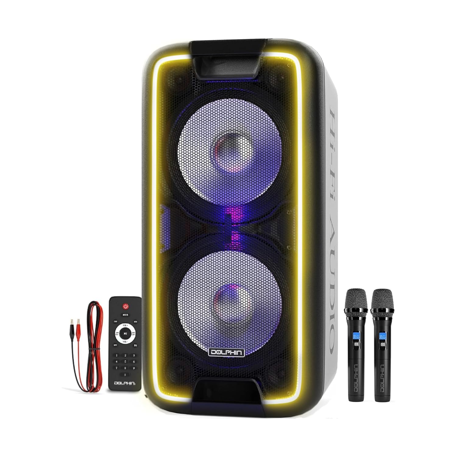 Dolphin 1000W Karaoke Party Speaker with 2 Wireless Microphones Bluetooth LED Lights Tailgate Ready and Long-Lasting Battery