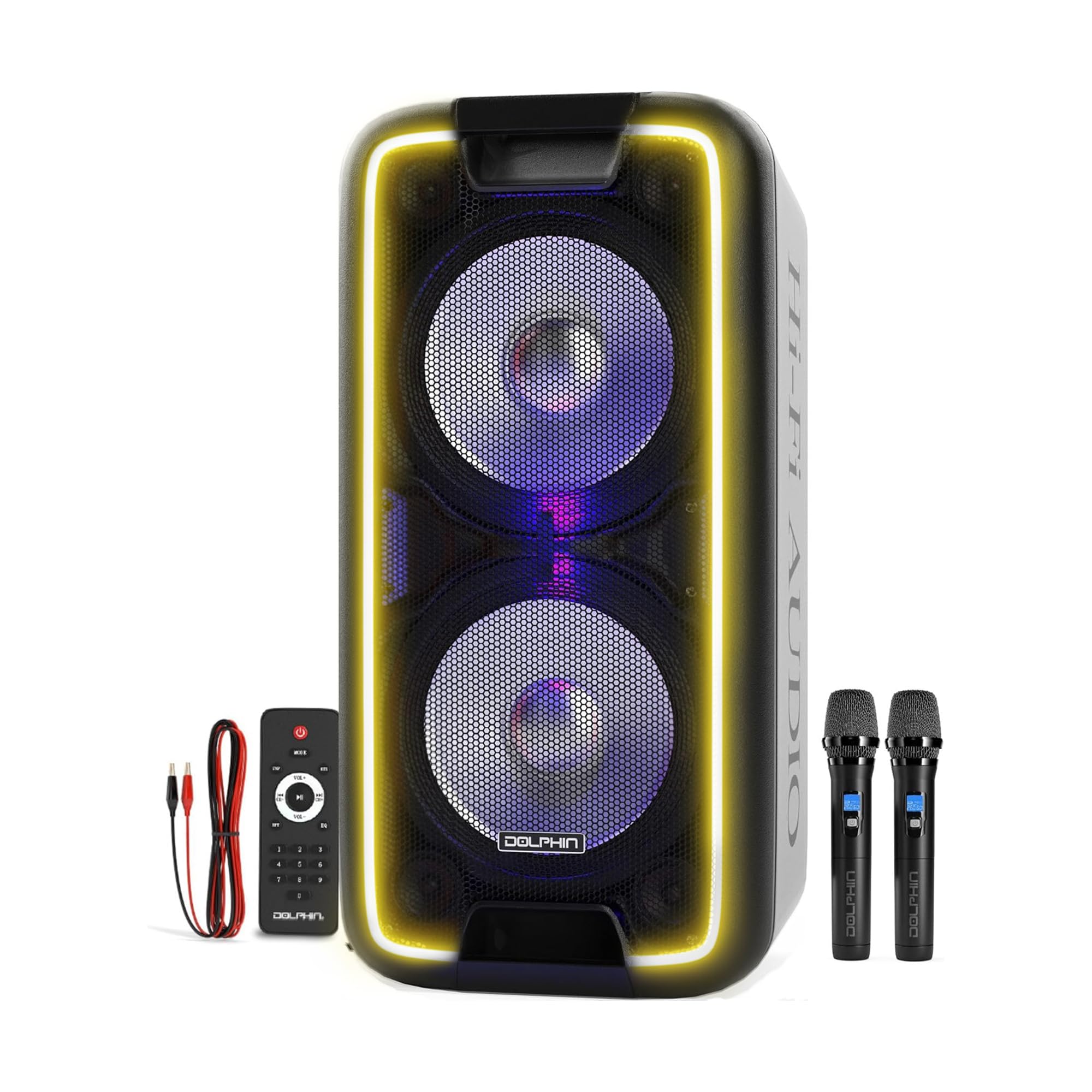 Dolphin 1000W Karaoke Party Speaker with 2 Wireless Microphones, Bluetooth, LED Lights, Tailgate Ready, and Long-Lasting Battery