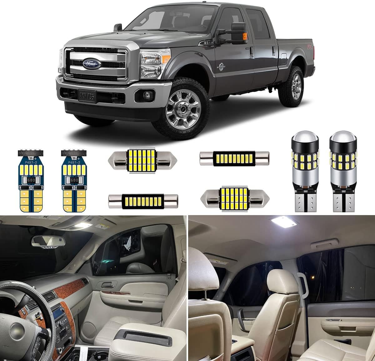 11 Piece White Interior LED Lights kit for 2008-2020 Ford F250 F350 Super Duty Super Bright 6000K Interior LED Light Bulbs Package + Install Tool