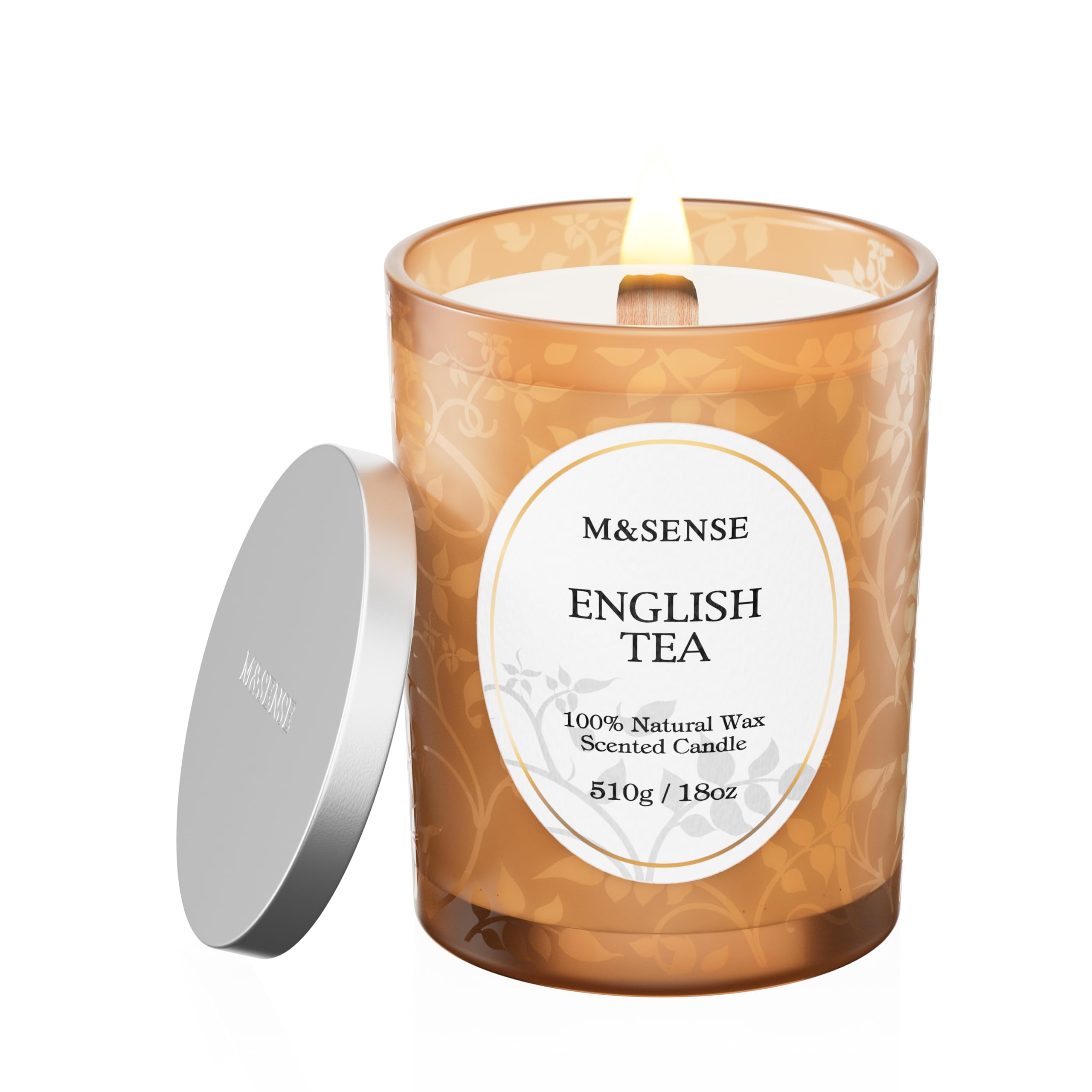 M&SENSE 510g Scented Candle, Lemon English Tea Scent, Wooden Wick Candle, Crackling Candles, 100h Long Burning Large Candles