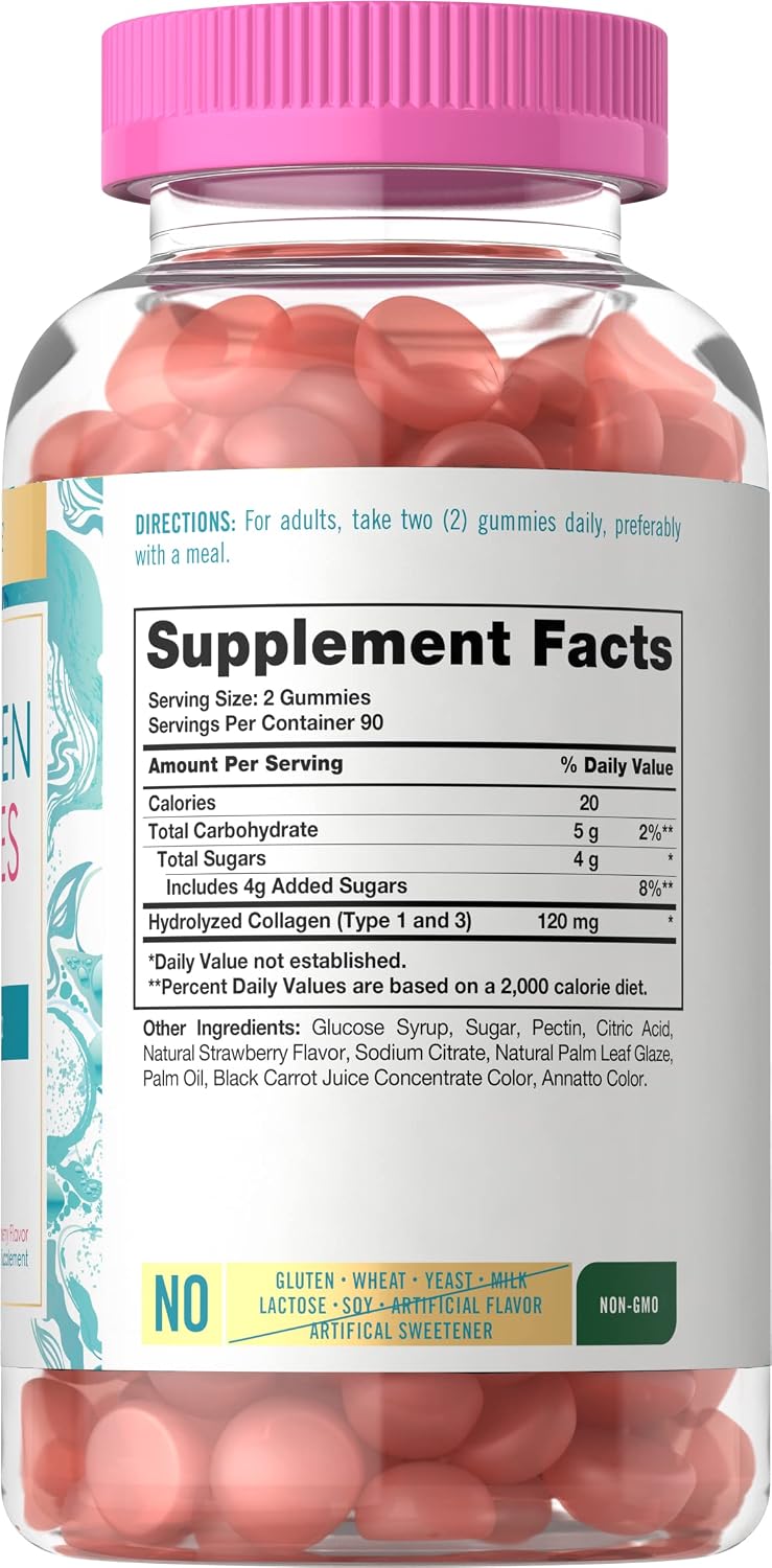 Carlyle Collagen Gummies 180 Count | Strawberry Flavor Beauty Supplement | Hydrolyzed Collagen for Women & Men | Type 1 & 3 | Non-GMO, Gluten Free