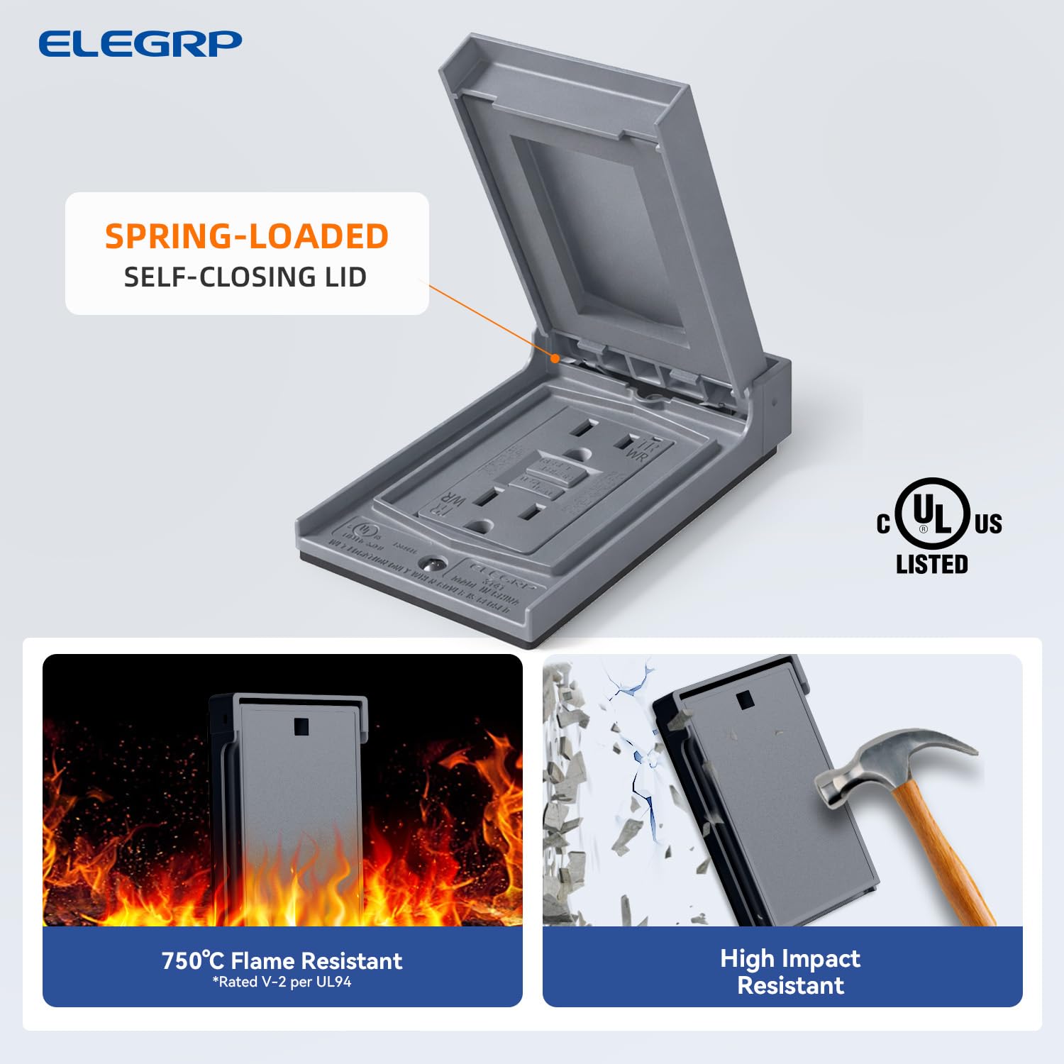 ELEGRP 15 Amp Outdoor GFCI Outlet Kit, with Vertical Weatherproof Cover and Box, 1 Gang, TR WR Self-Test GFI Receptacle, Metallic Electrical Outlets Boxes, UL Listed, Grey, 2 Pack