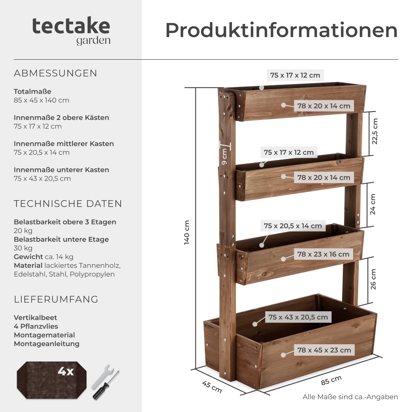 tectake® Vertikalbeet mit 4 Etagen, Hochbeet aus Holz, Pflanztreppe, Hochbeet Balkon, Blumenbeet, Kräuterbeet, Gemüsebeet, Pflanzenregal, Blumenkasten Holz mit Pflanzvlies - braun, 85 x 45 x 140 cm