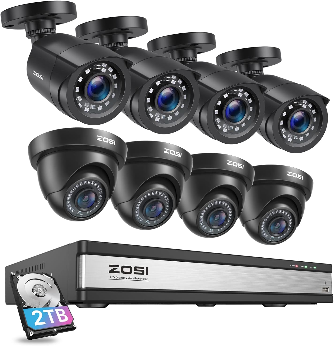 16CH H.265+ 1080P Home Security Camera System with AI Human/Vehicle Detection,8pcs 2.0MP Indoor Outdoor CCTV Bullet Dome Cameras,80ft Night Vision,16 Channel DVR with 2TB HDD for 24/7 Recording
