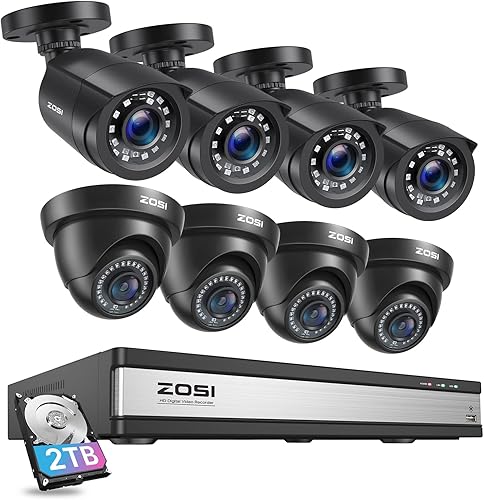 ZOSI Sistema de cámara de seguridad para el hogar H.265+ 1080P de 16 canales con detección de humanos y vehículos, 8 cámaras domo CCTV de 2.0 MP