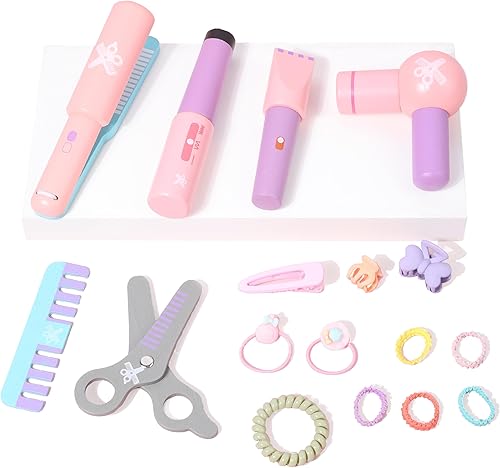 Mailuren Juego de juguetes de maquillaje de madera, kit de maquillaje de simulación para niñas, juguetes de salón de belleza de madera con secador