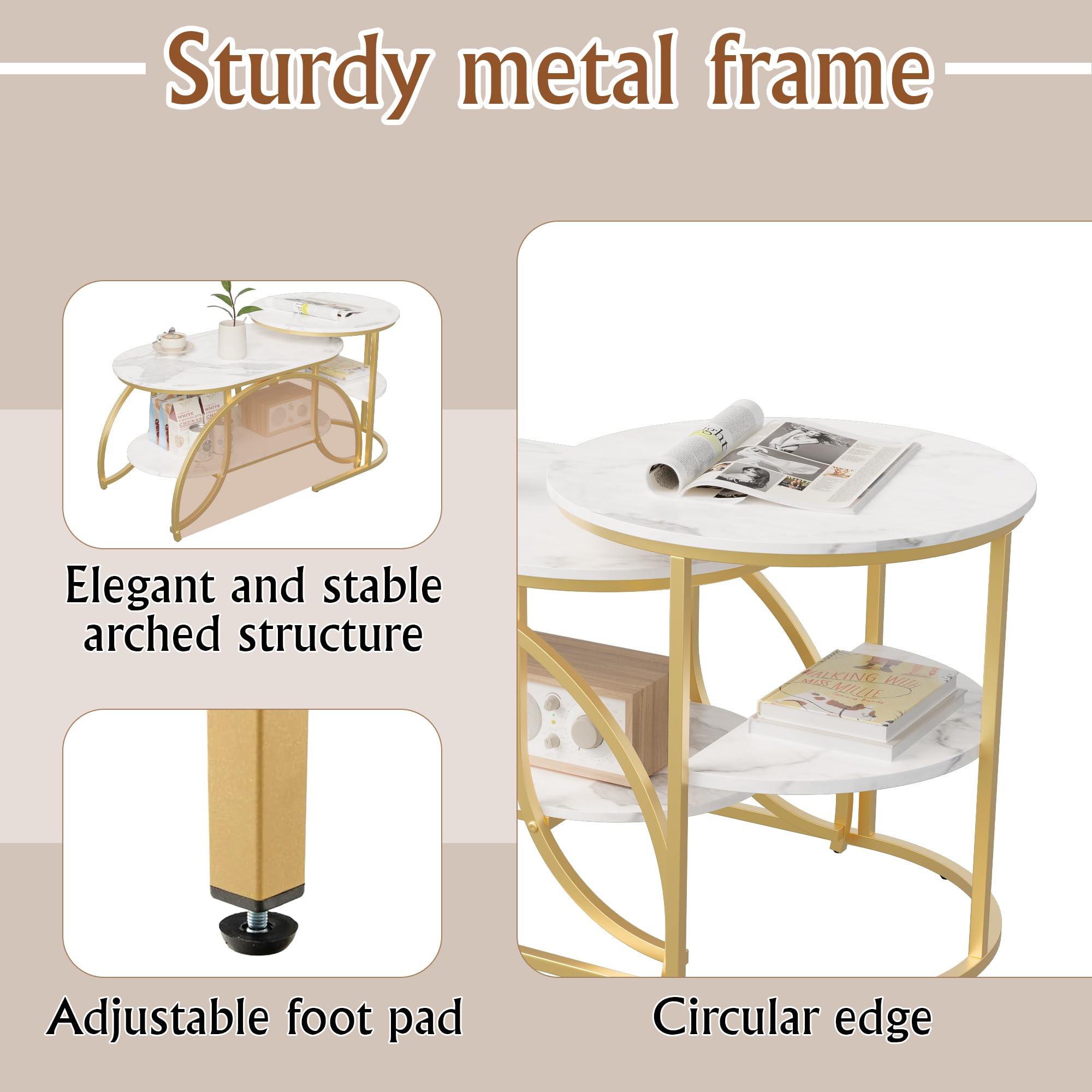 WSOFZMO Couchtisch Set 2er - Stapelbarer Beistelltisch Mit Marmoroptik Und Goldfüßen