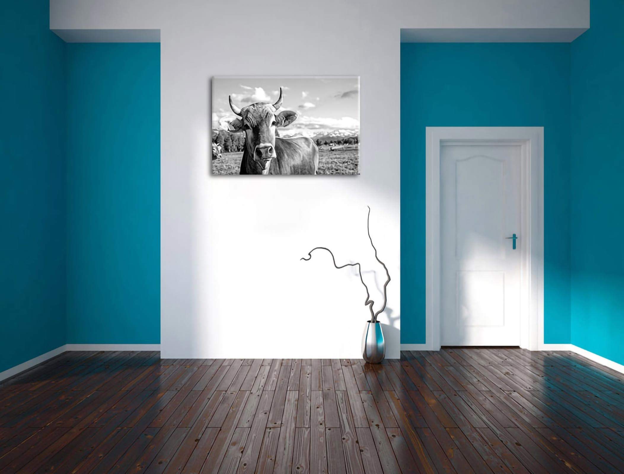 Pixxprint Neugierige Kuh auf Weide im Allgäu, Monochrome, Größe: 120x80cm, Leinwandbild, fertig gespannt, Wandbild, Dekoration, Kunstdruck, kein Poster